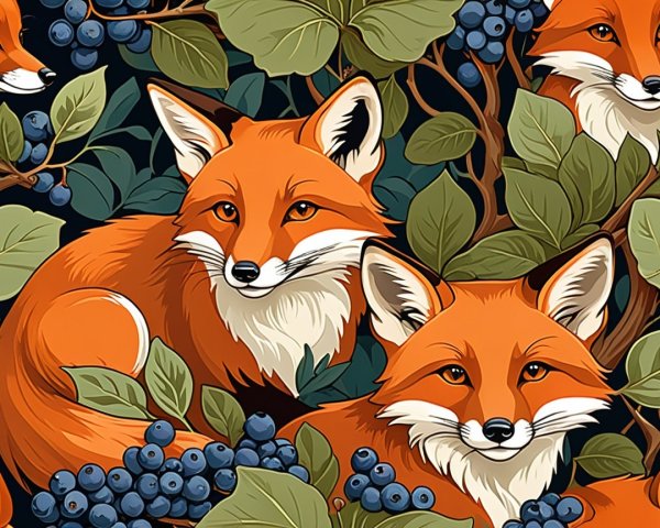 Playful Foxes Among Green Leaves and Blue Berries