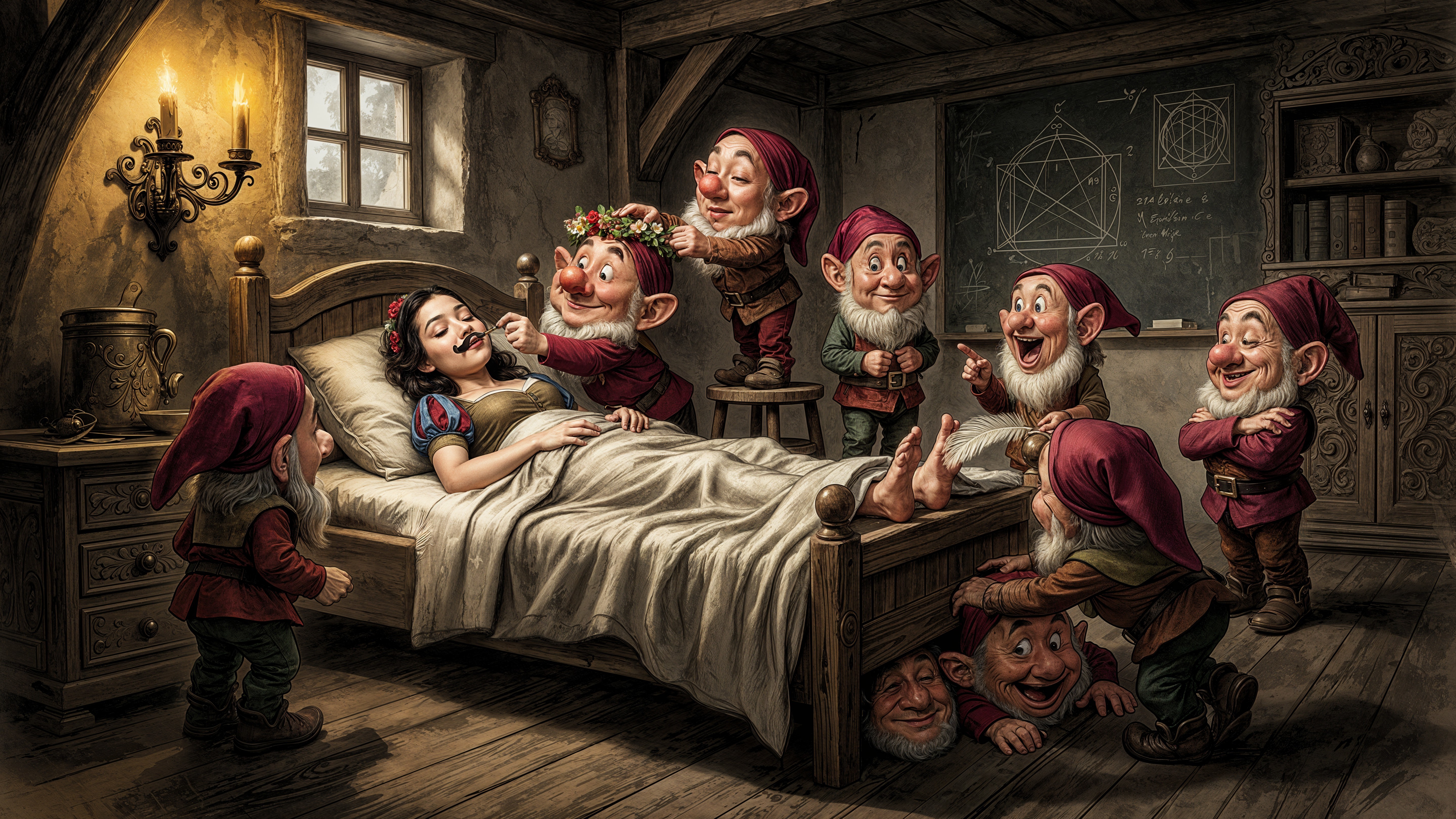Snow White in Bed Surrounded by Dwarves and Decor