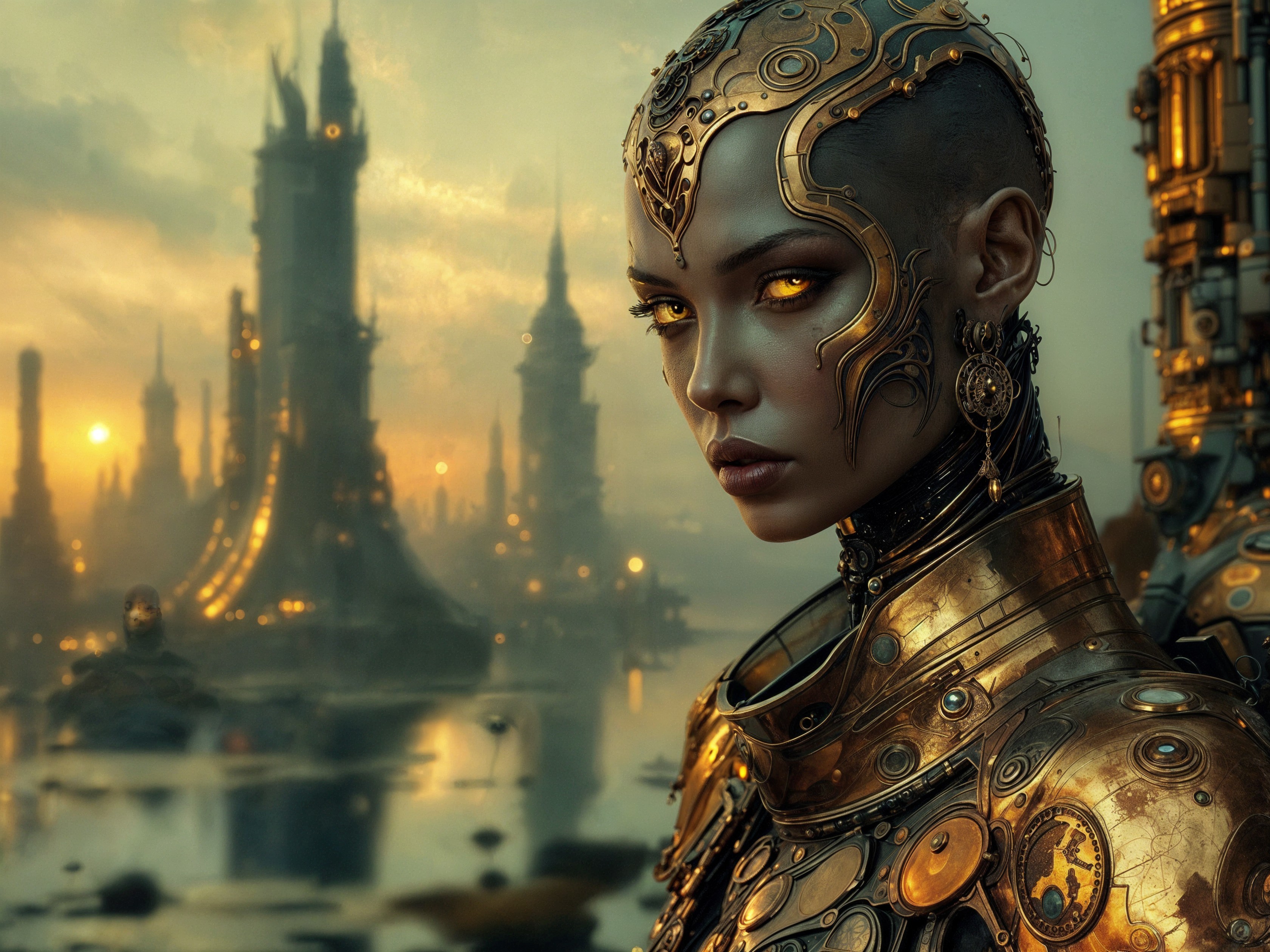 Cyberpunk Woman with Golden Implants in Futuristic City