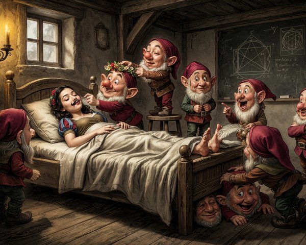Snow White in Bed Surrounded by Dwarves and Decor