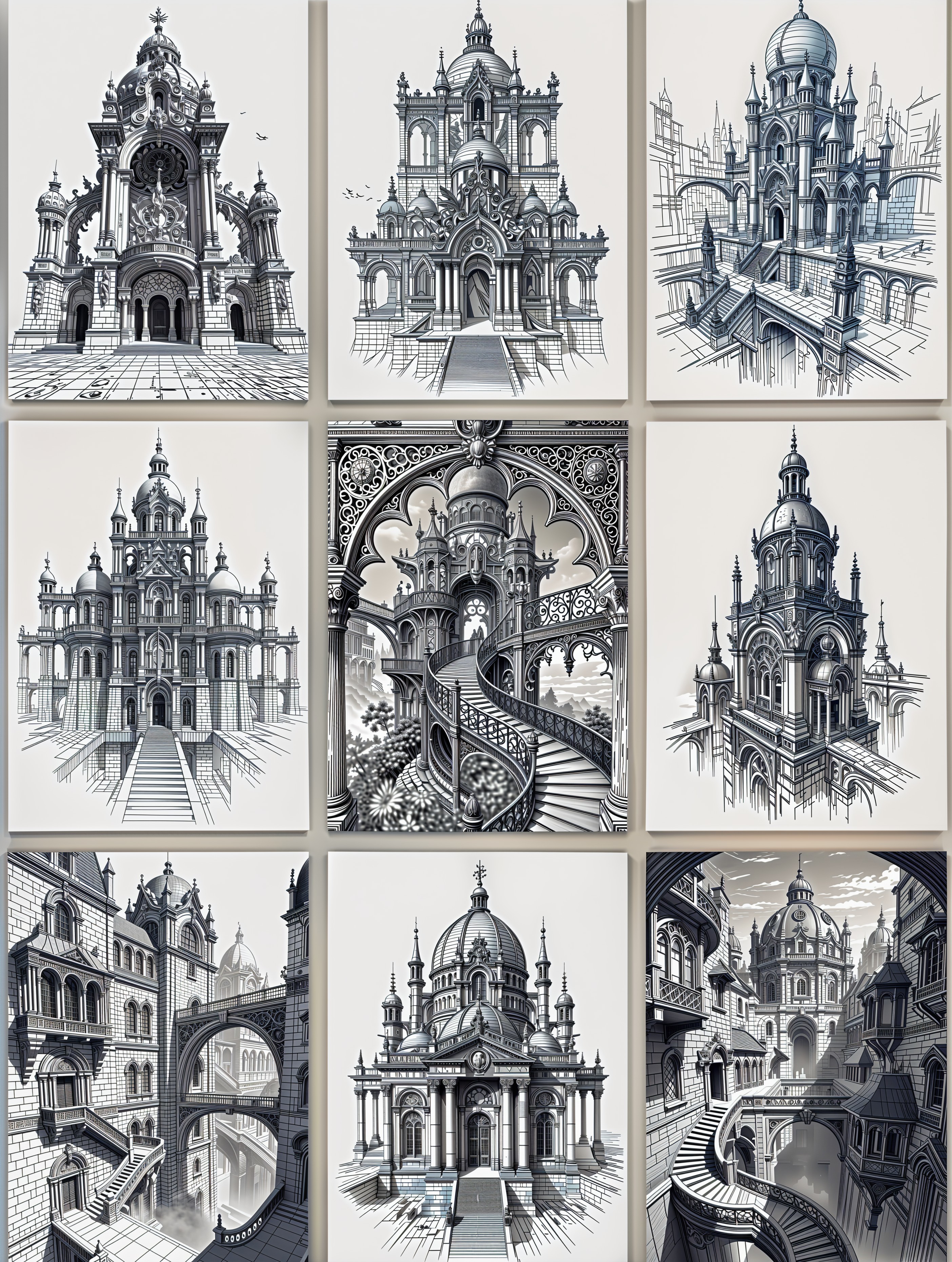 Ornate Black and White Architectural Sketches Grid