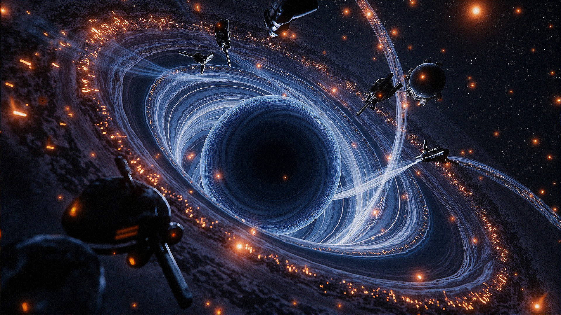 Cosmic Scene with Black Hole and Futuristic Spacecraft