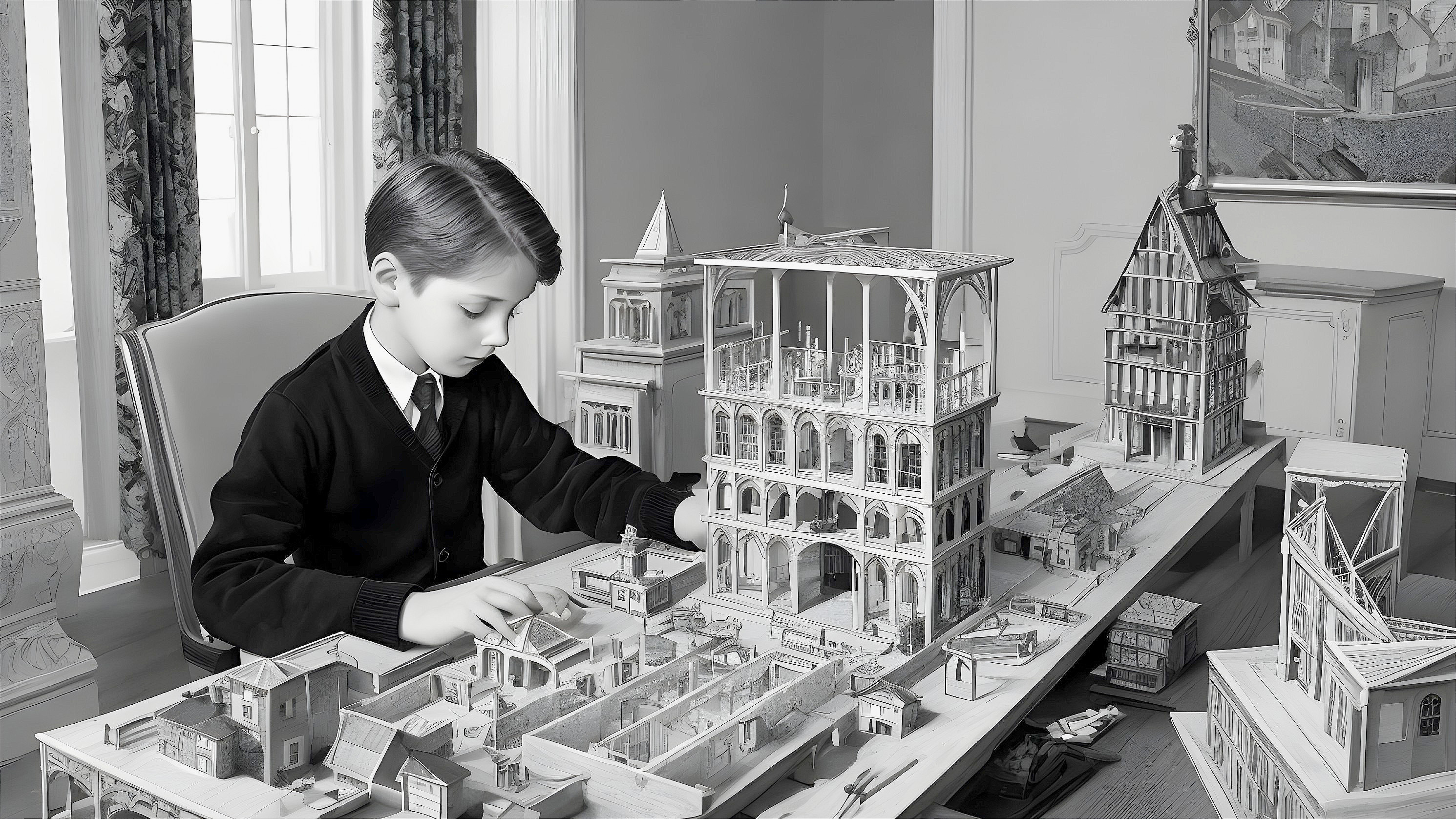 Young boy creating architectural models in bright room