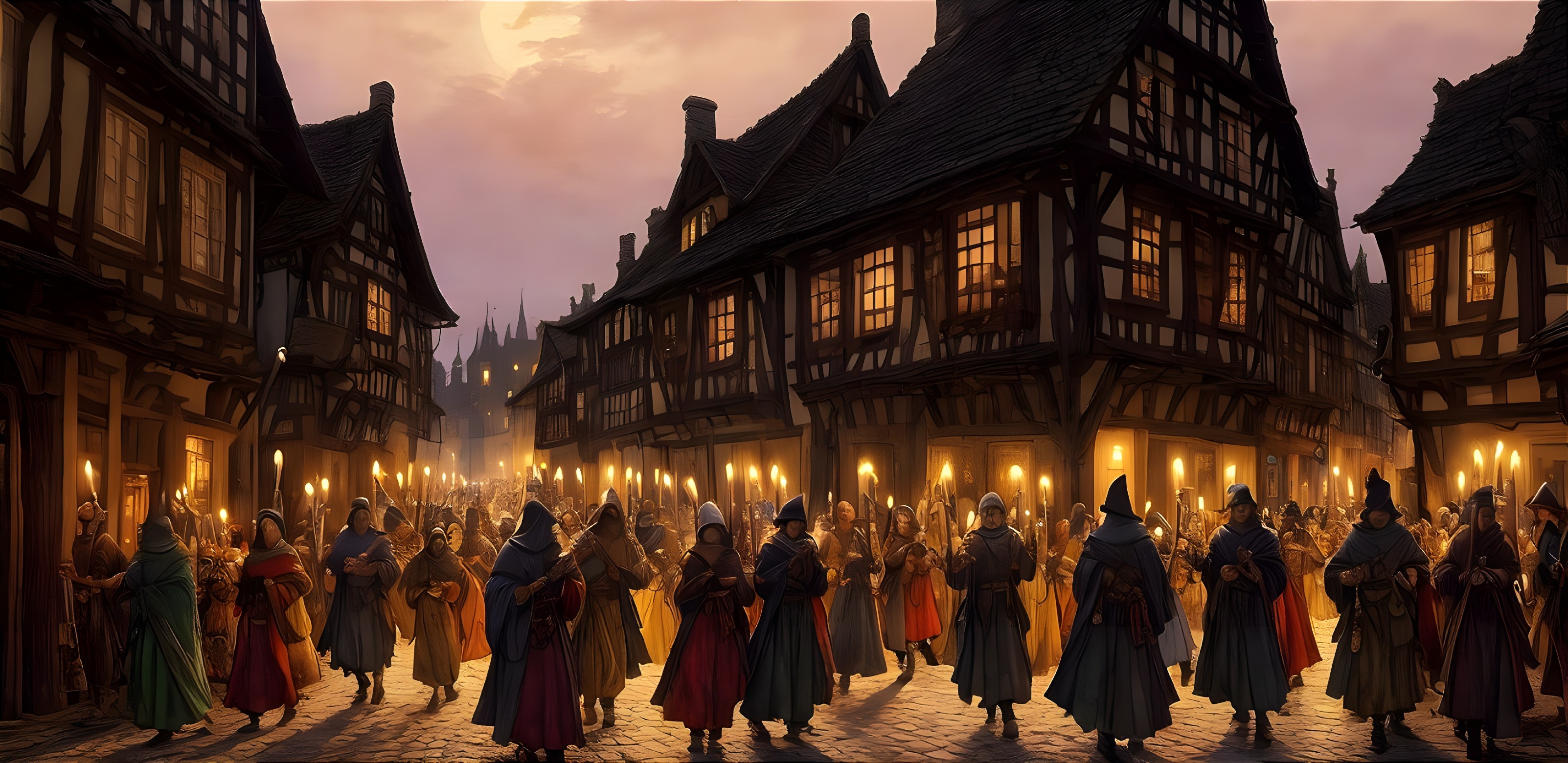 Crowded Medieval Street Scene at Night with Buildings