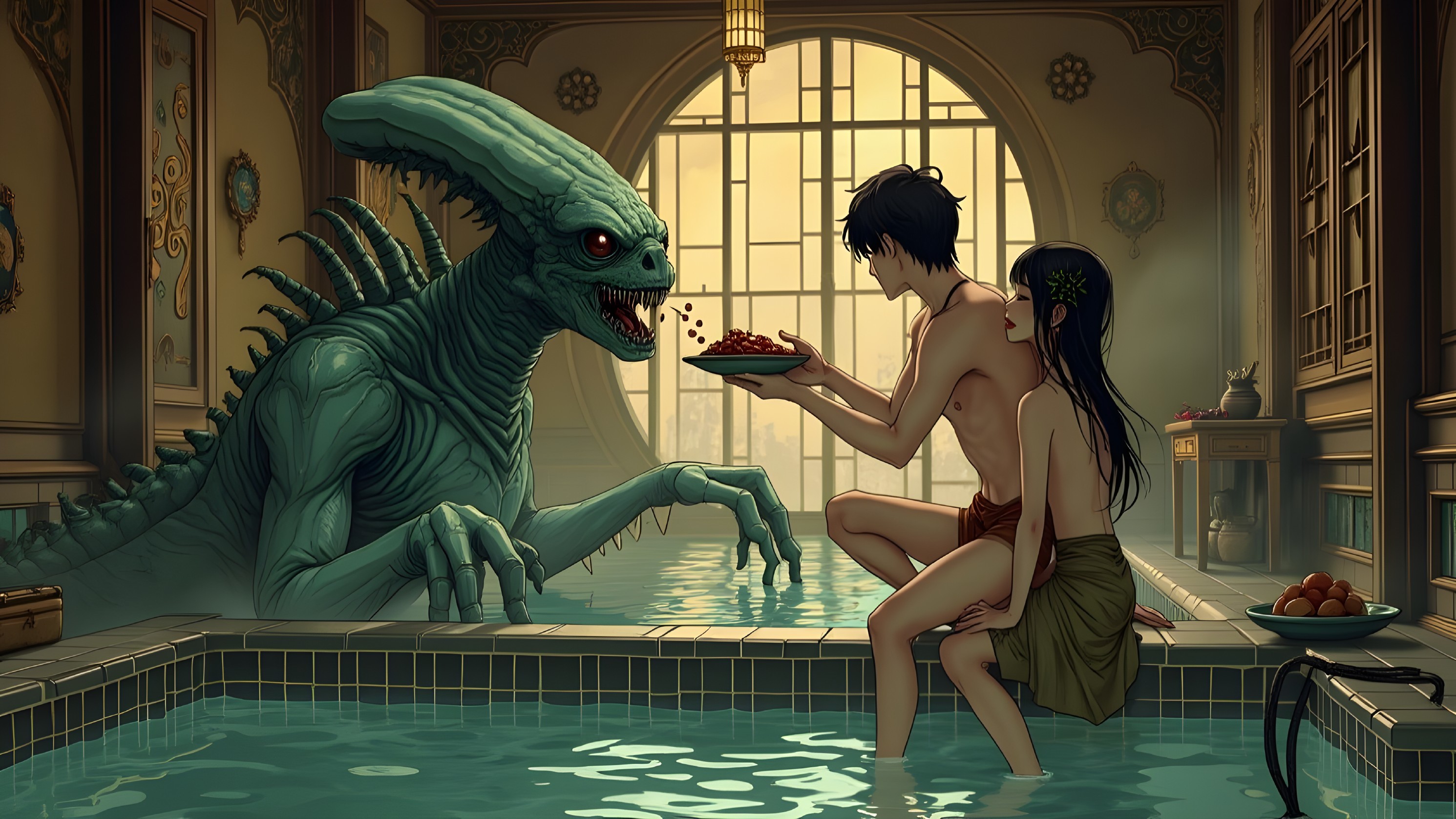 Luxurious Bathroom with Young Man and Otherworldly Creature