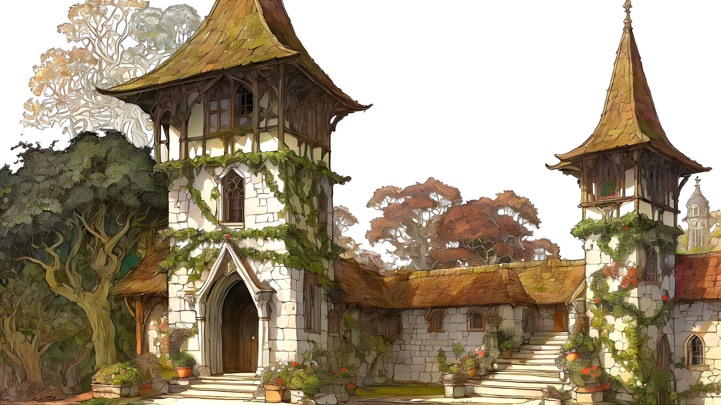 Medieval-style building with ivy and autumn foliage