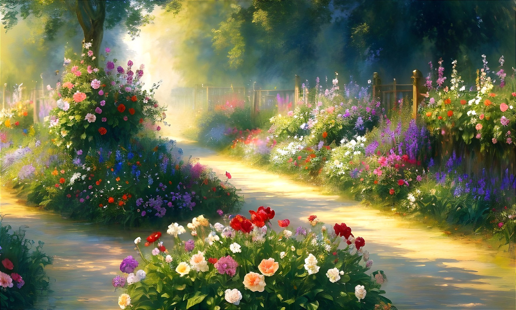 Vibrant Digital Painting of a Sunlit Garden Path