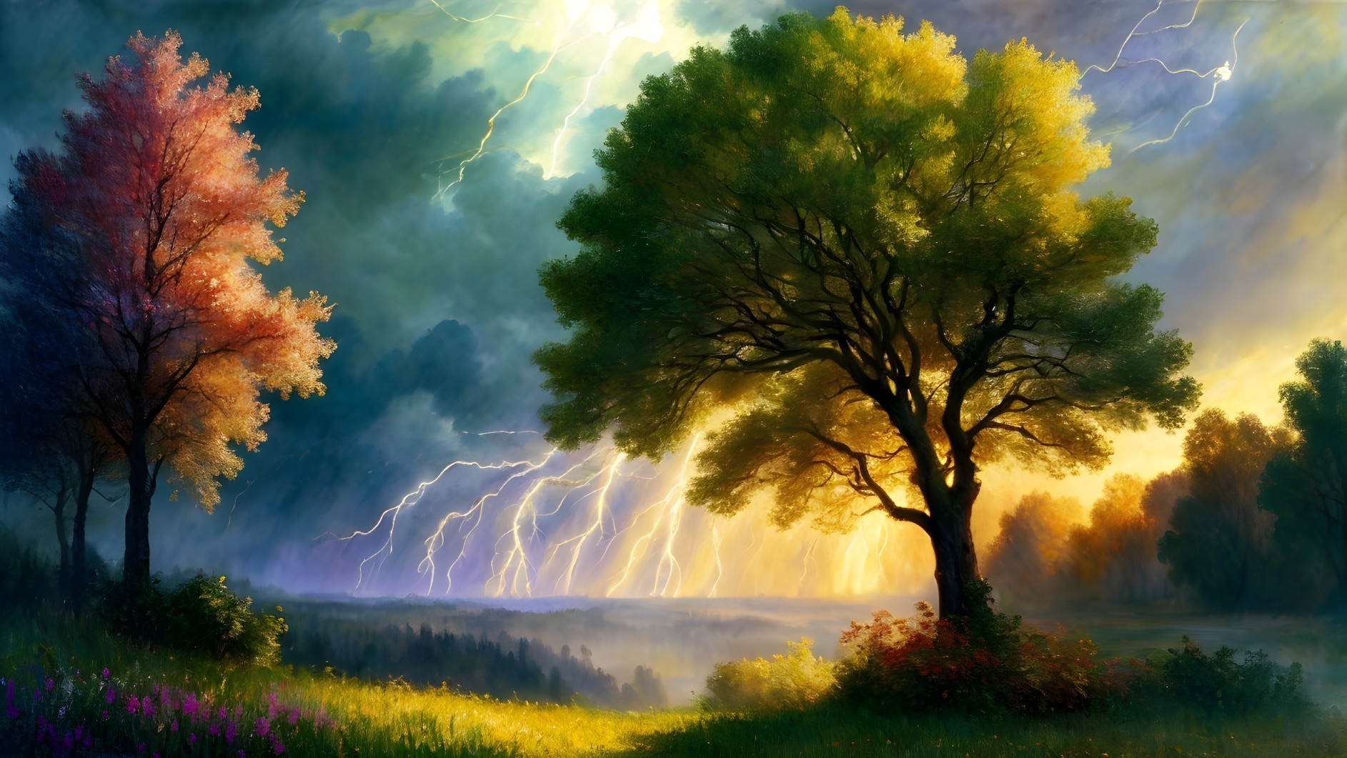 Dramatic Landscape with Vibrant Trees and Stormy Sky