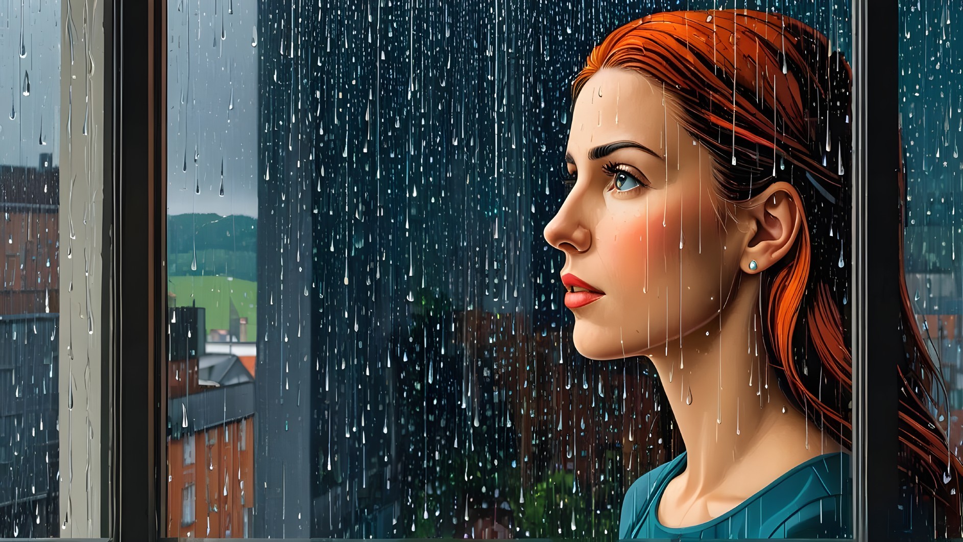 Young woman with red hair gazing out a rainy window