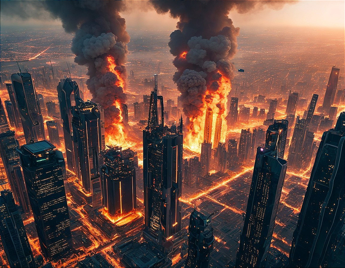 Urban Skyline in Flames and Smoke at Twilight