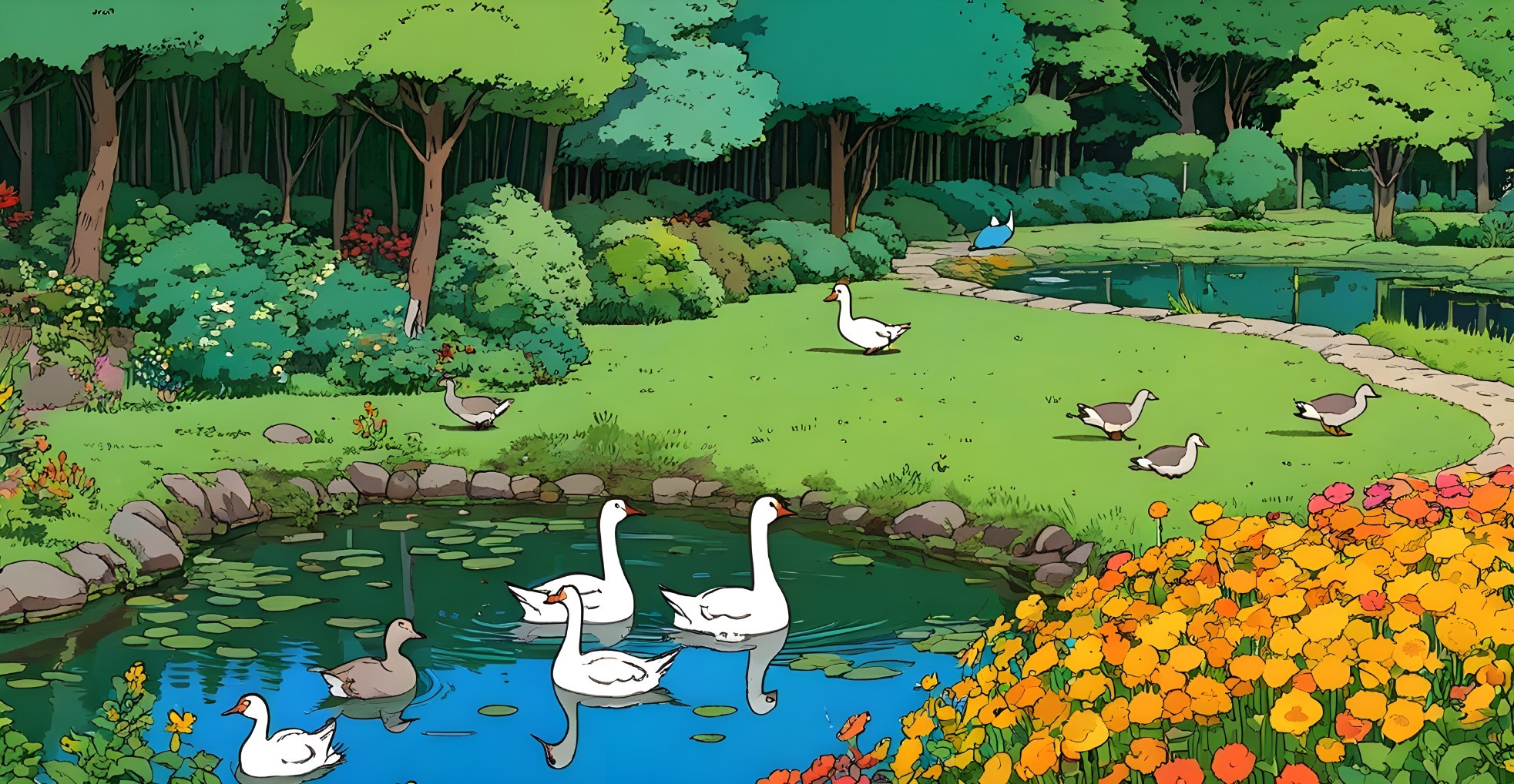 Serene Garden Scene with Lush Greenery and Pond