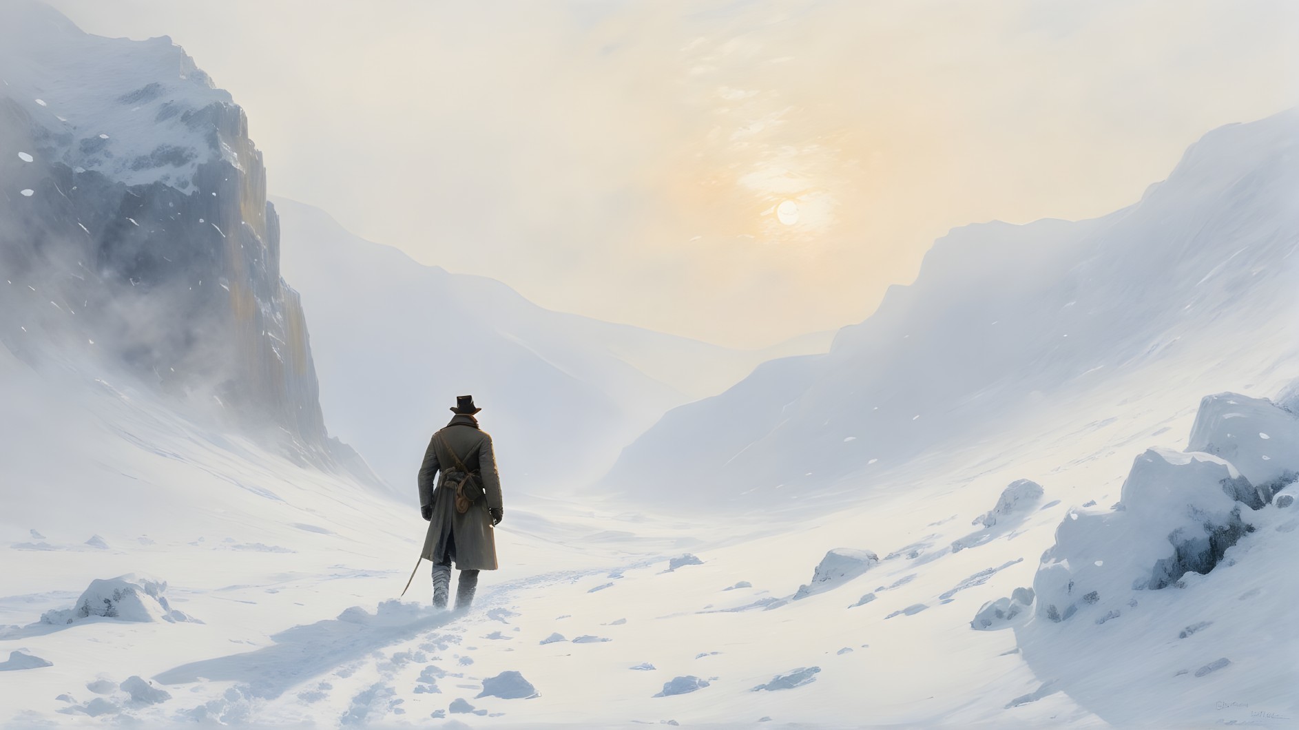 Lone Figure in Snowy Landscape with Sword and Cliffs