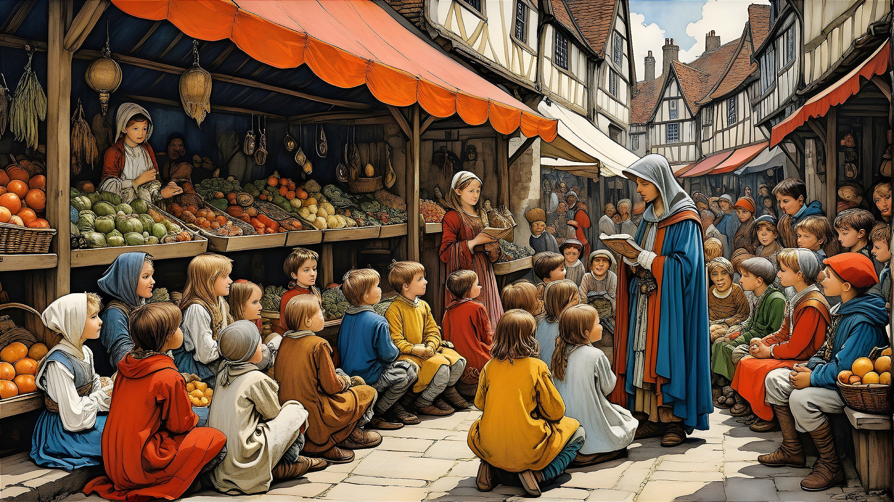 Medieval Marketplace with Vendors and Storytelling Scene