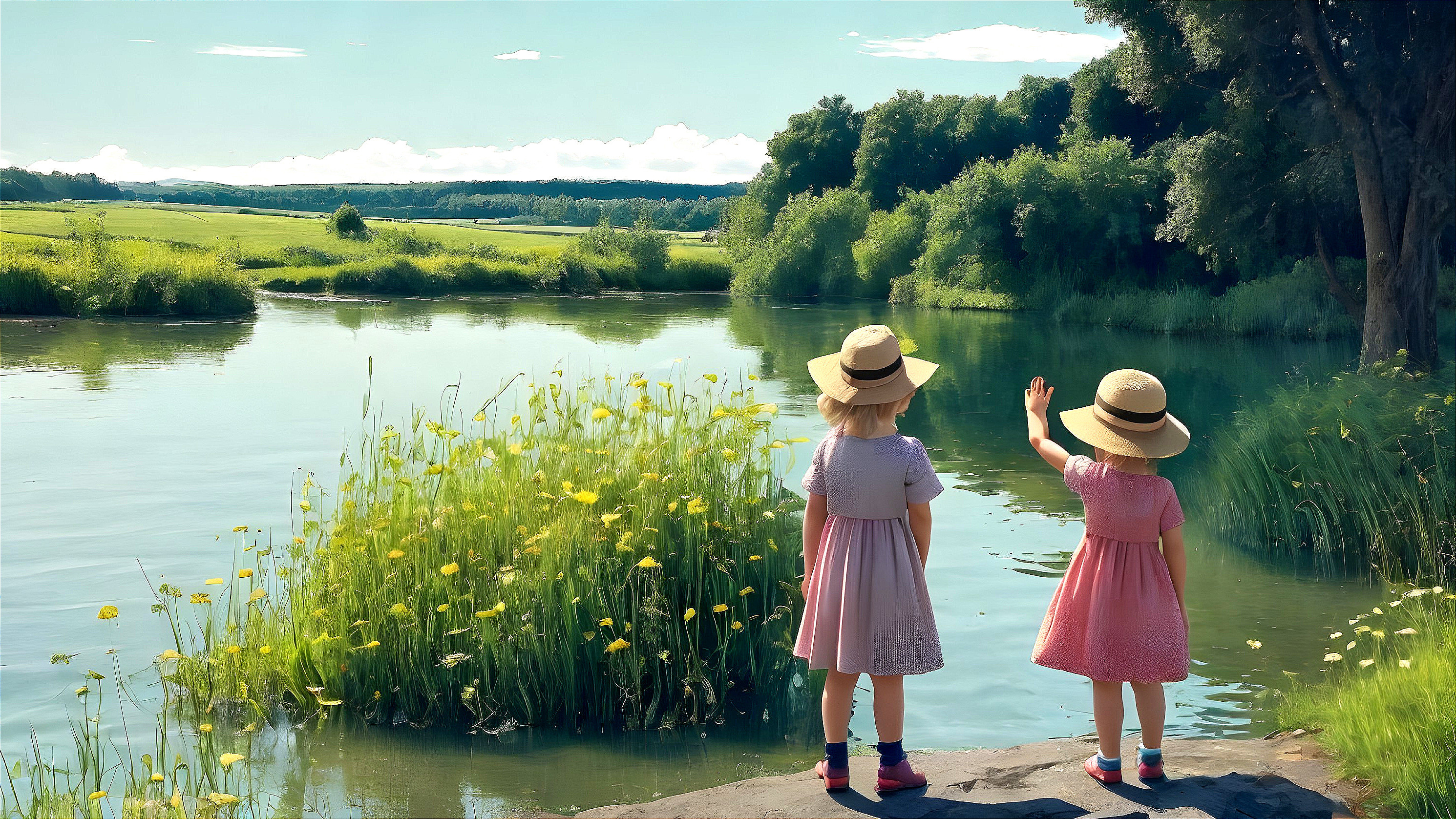 Young girls by a serene river in summer attire