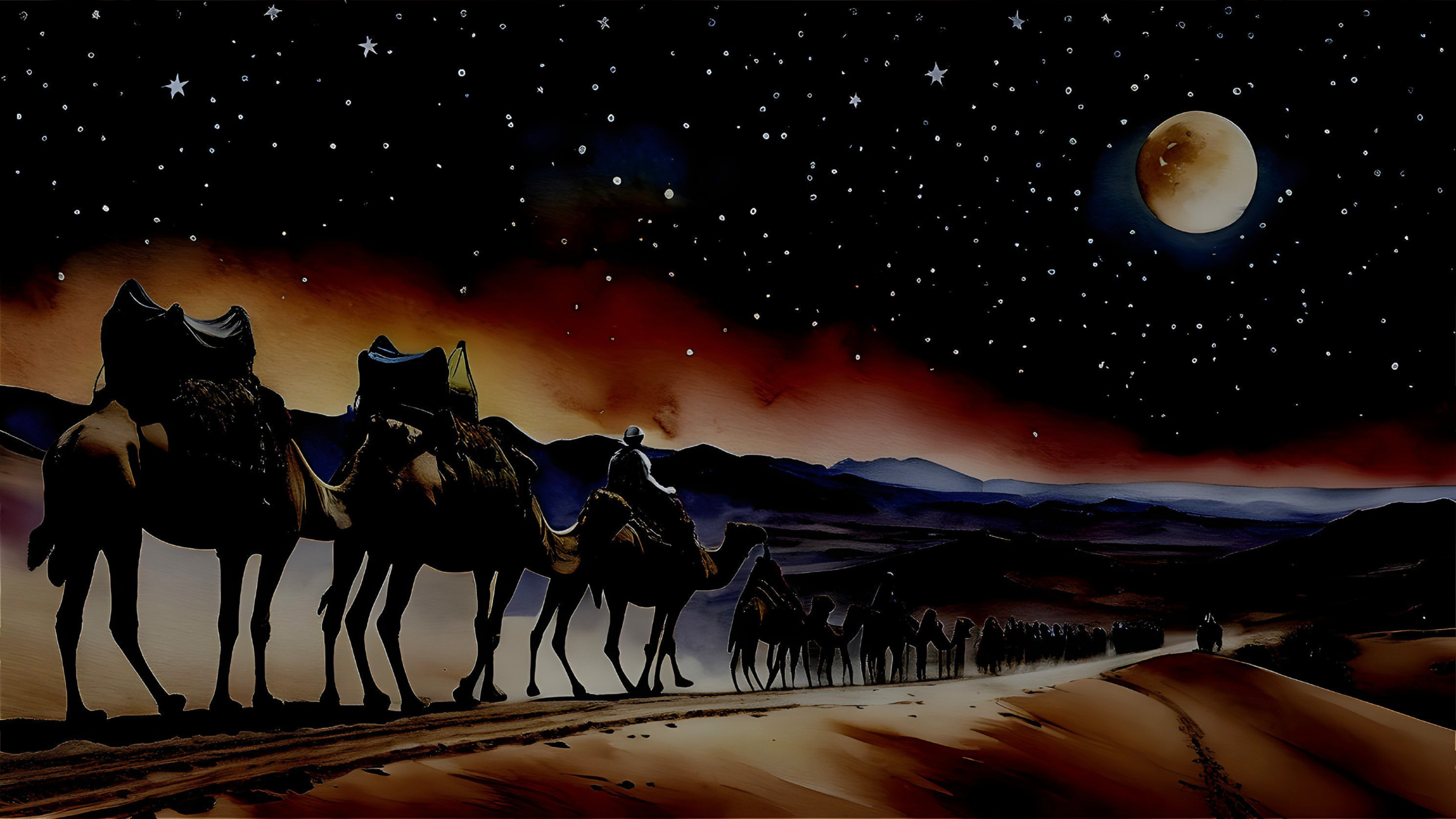 Camels Journeying Through a Starry Desert Night