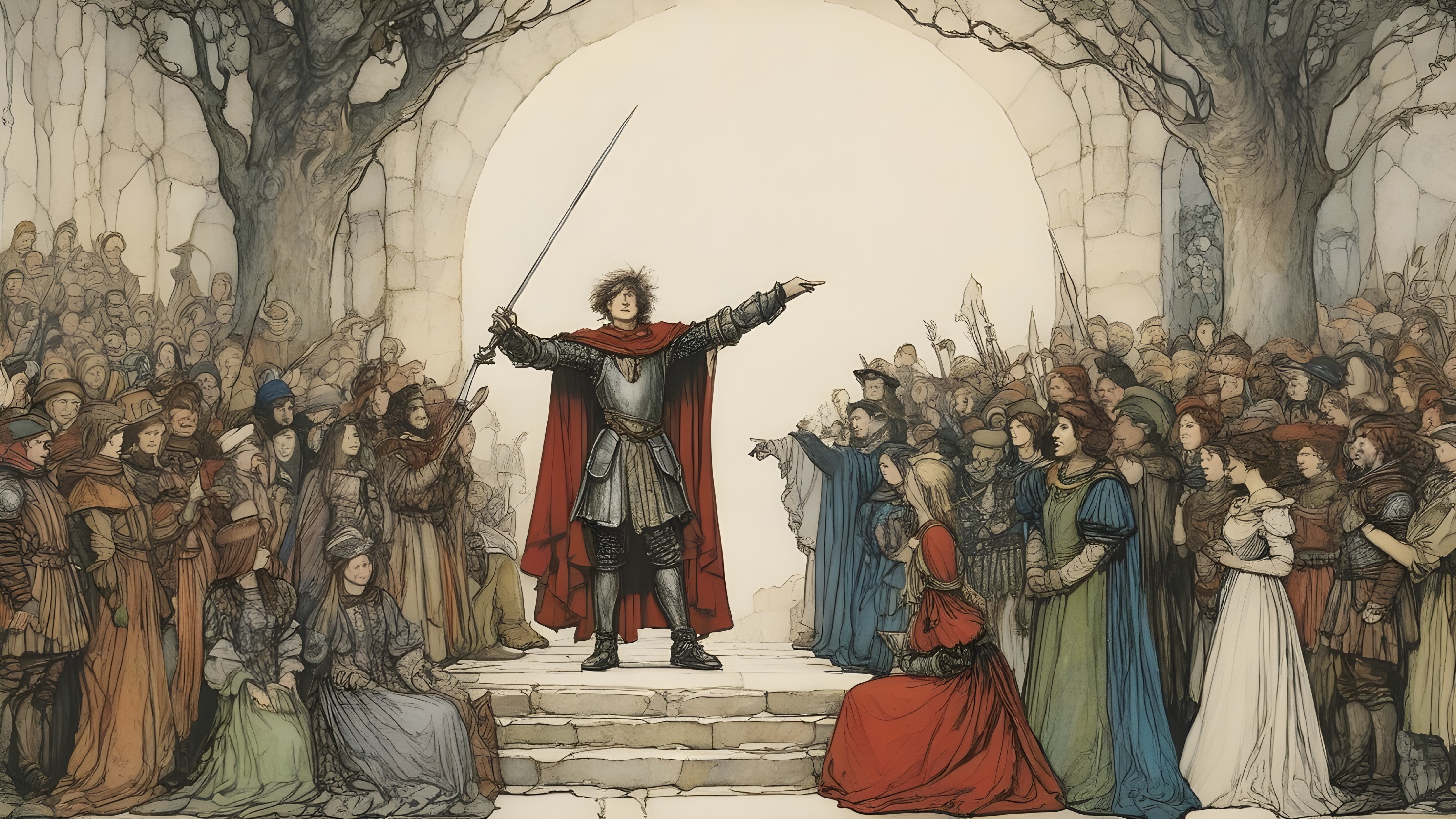 Medieval Figure in Armor with Sword on Stone Platform