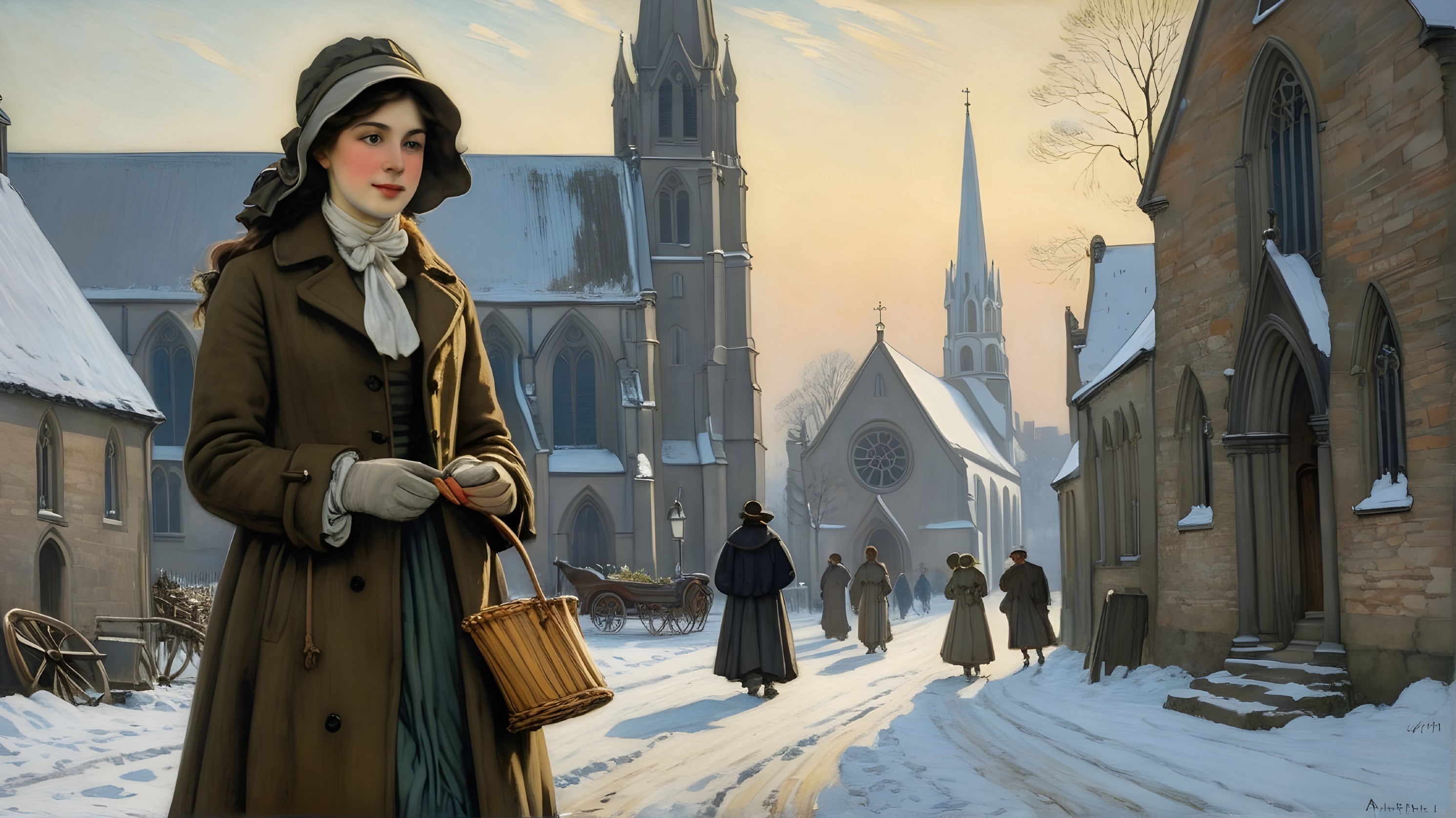 Young Woman in Dark Coat on Snowy Village Street