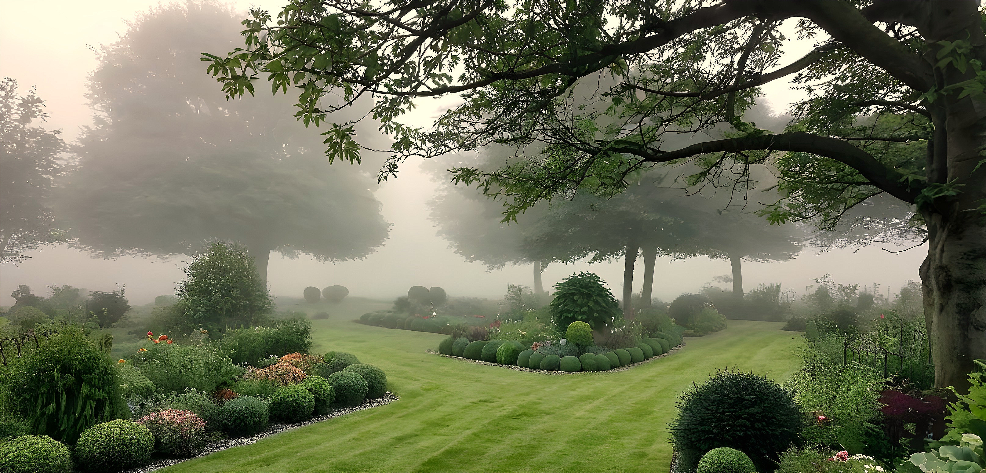 Serene Garden Scene with Morning Fog and Lush Greenery