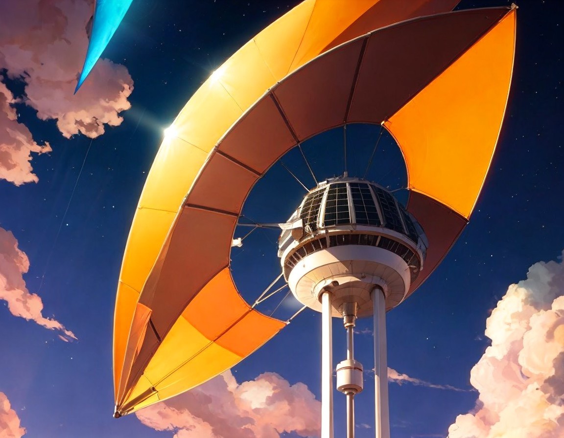 Futuristic tower with orange sails at twilight sky