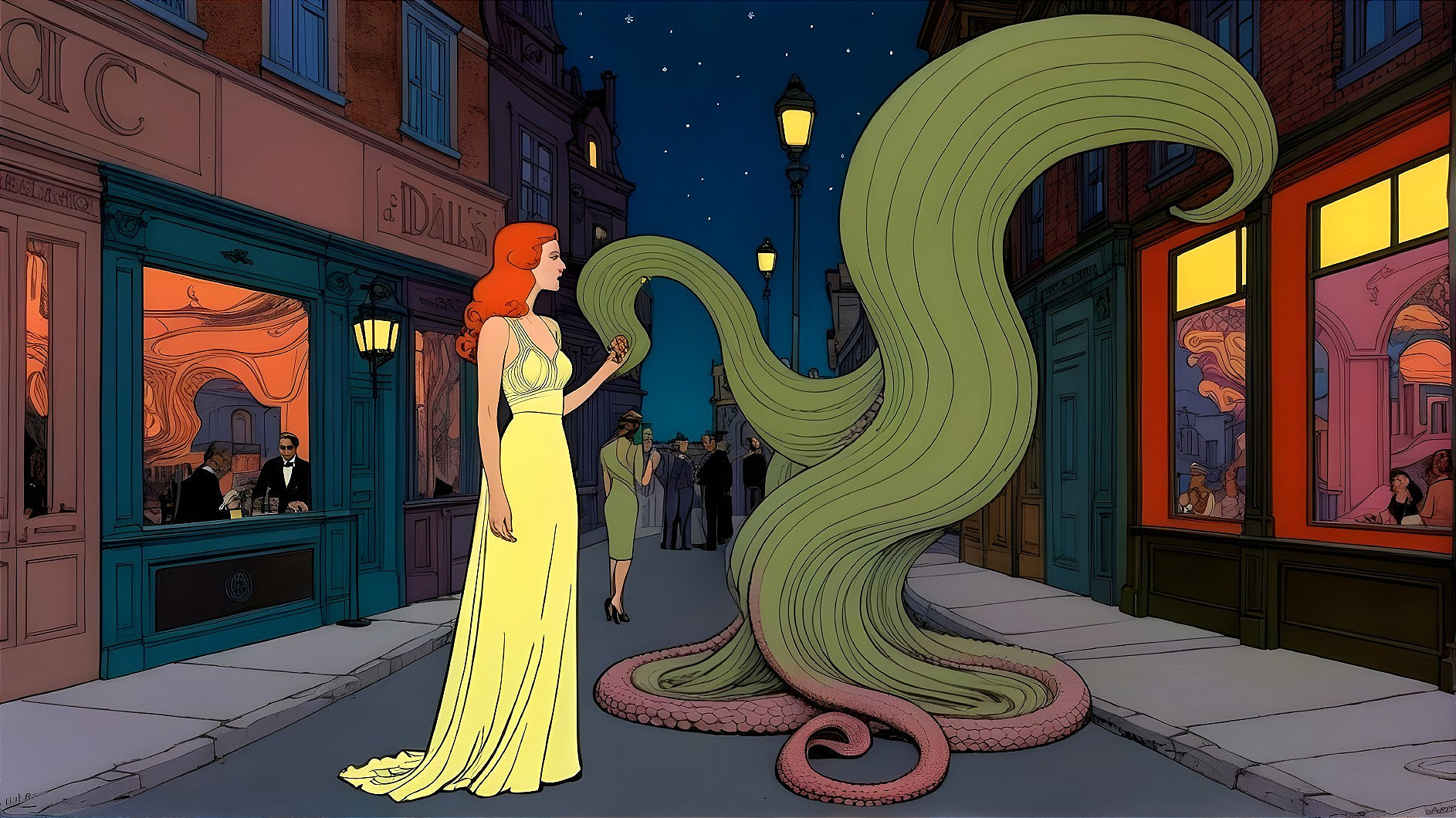 Whimsical Night Scene with Woman and Surreal Creature