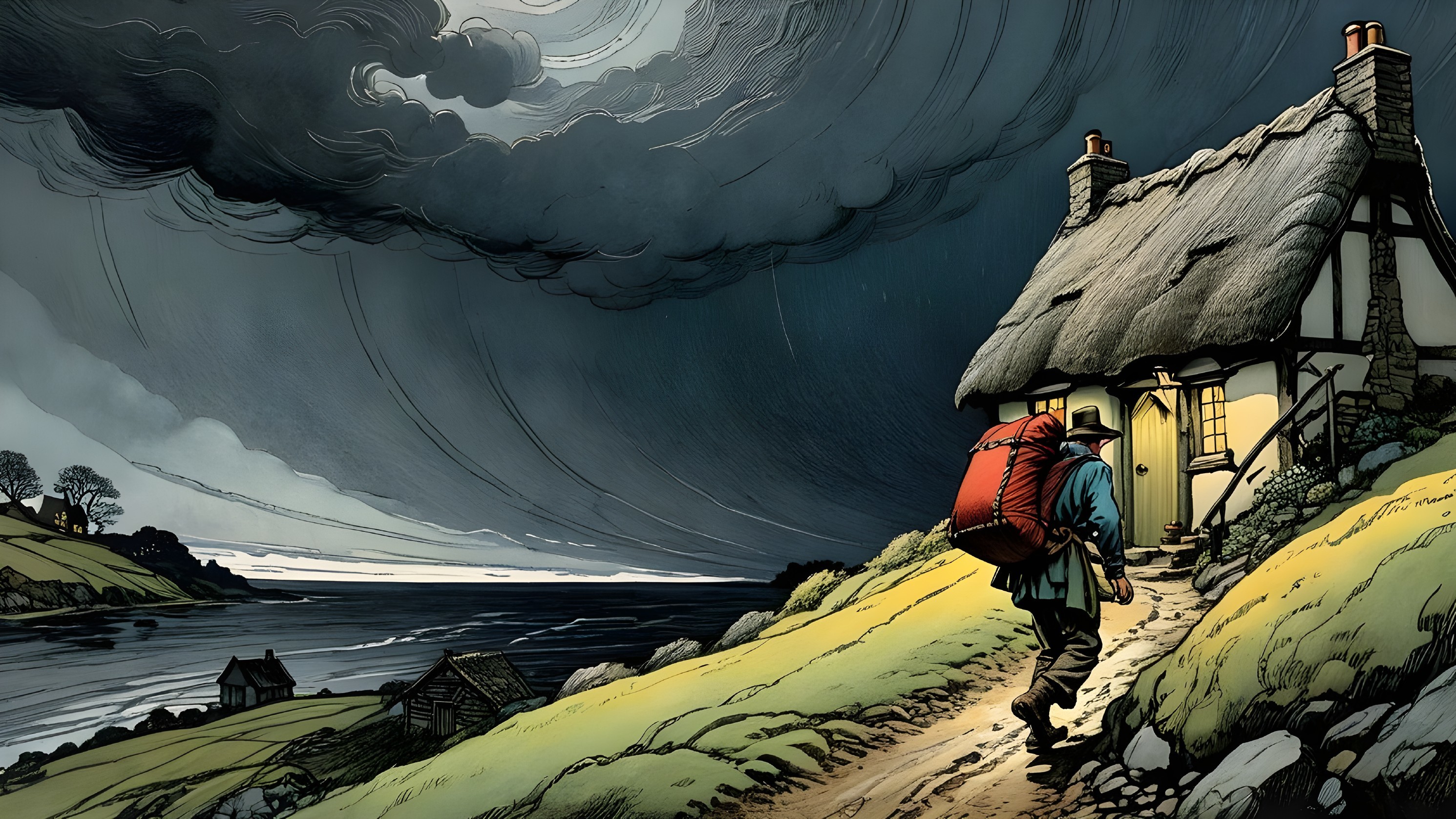 Lone Traveler Approaching Cozy Thatched Cottage Scene