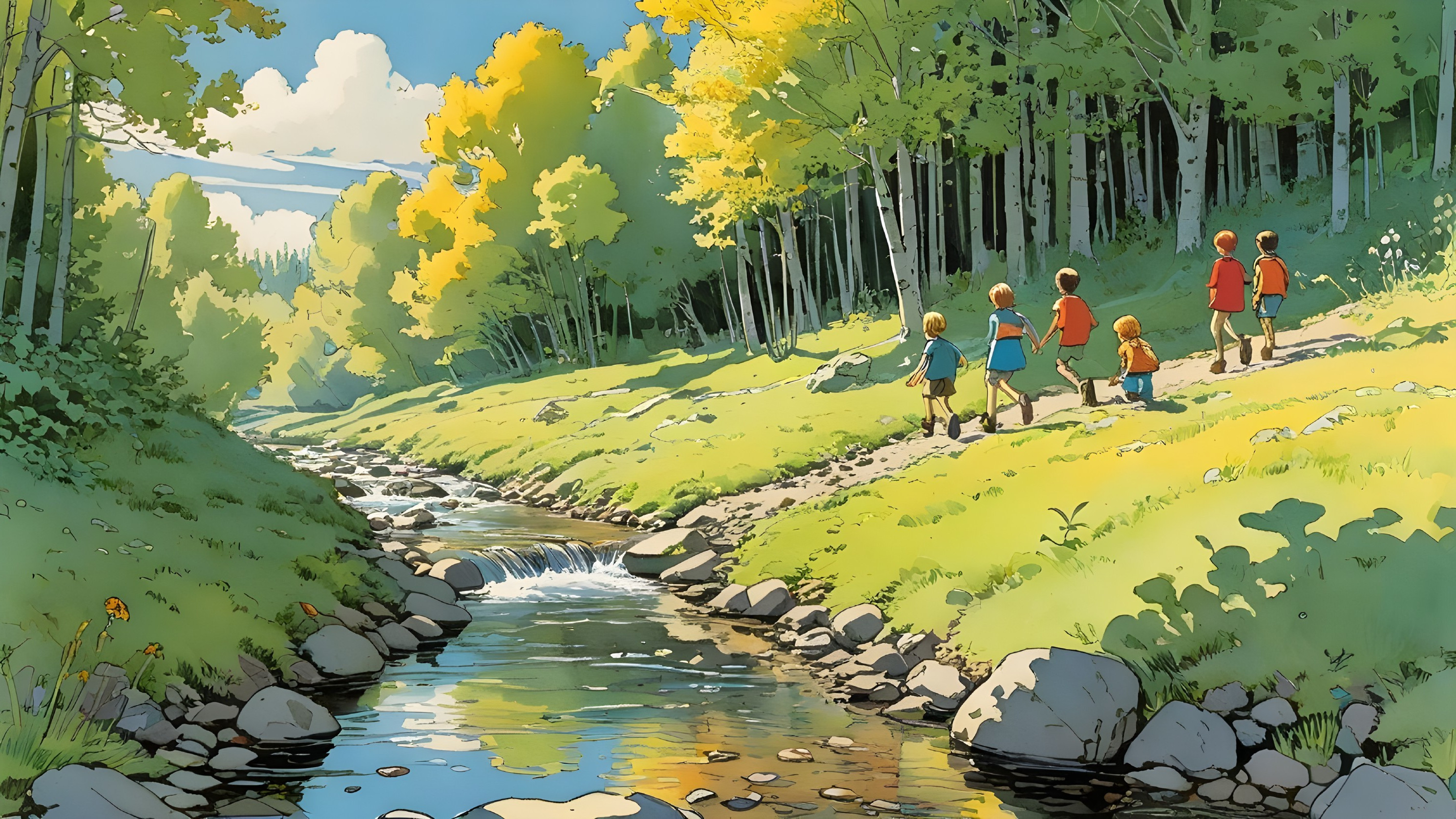 Children Exploring a Sunny Forest by a Sparkling Creek