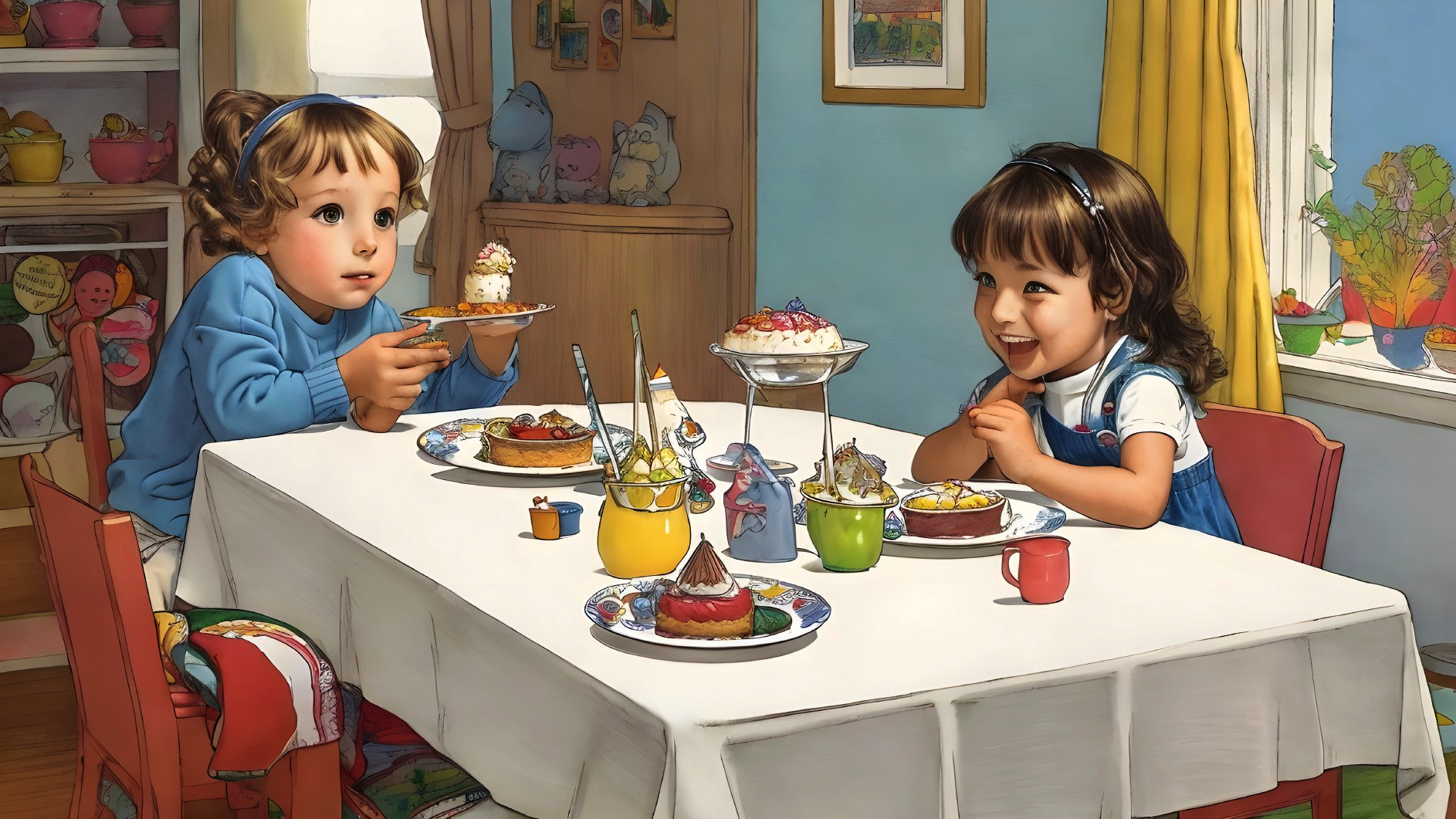 Young girls enjoying colorful food and desserts at table