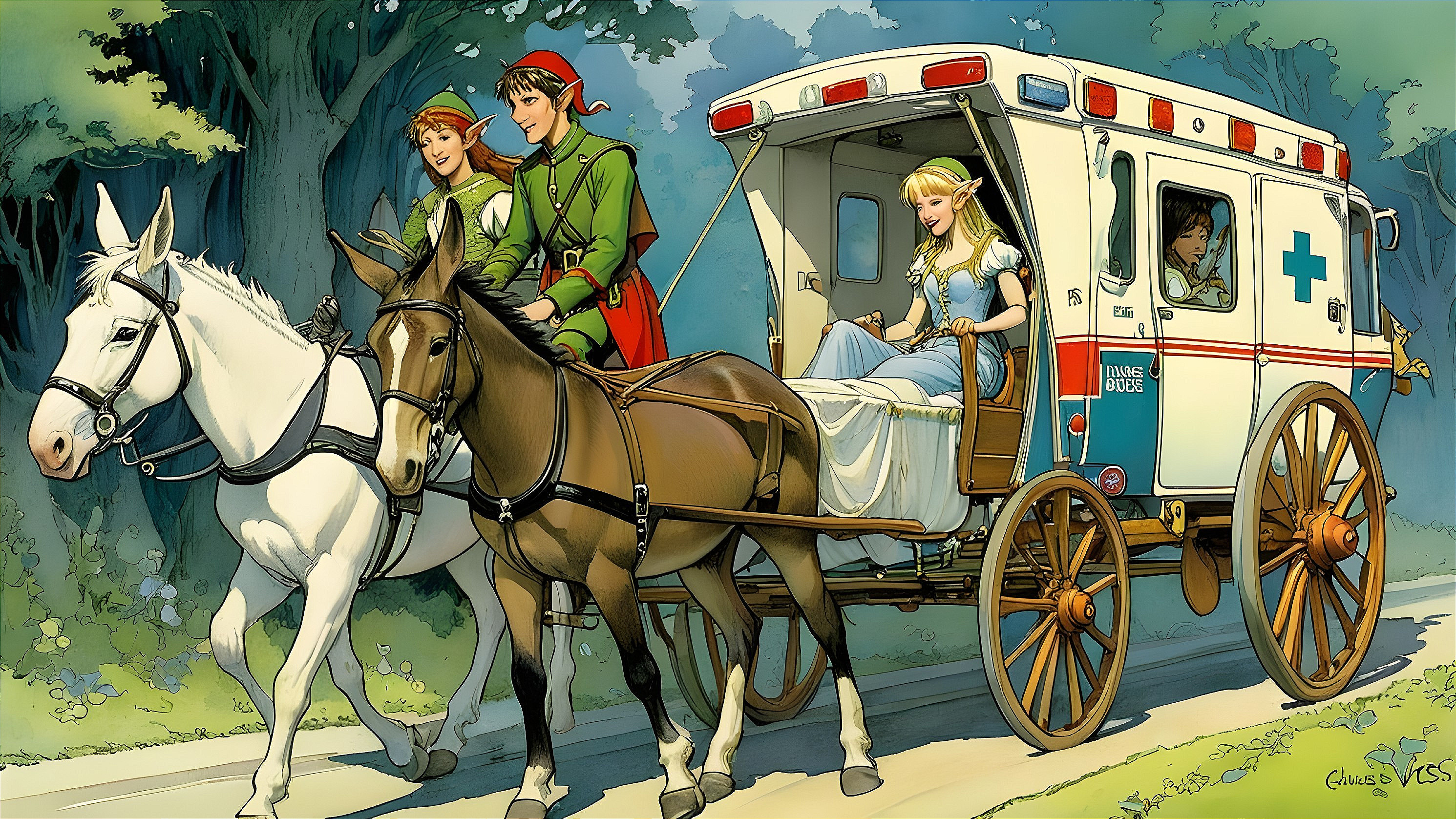 Vintage ambulance with horses and a serene princess