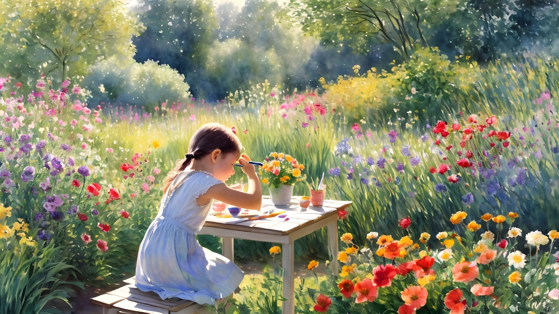 Young girl painting in a colorful garden setting