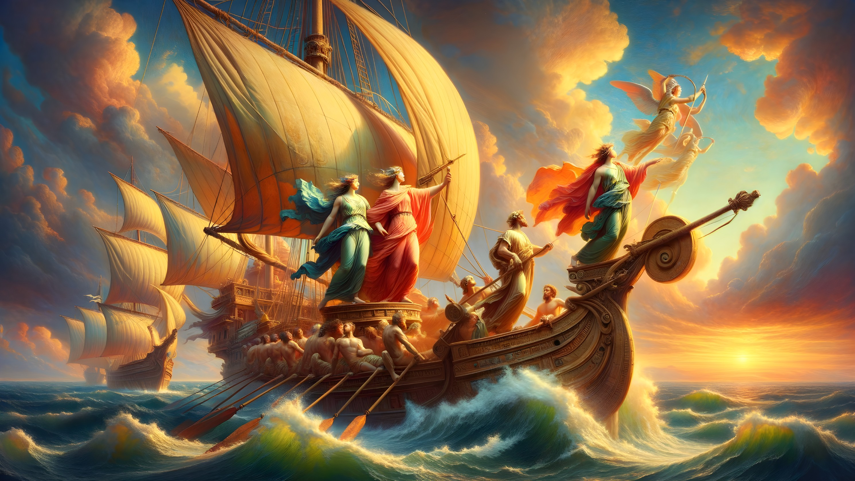 Majestic ship navigating waves under a vibrant sky