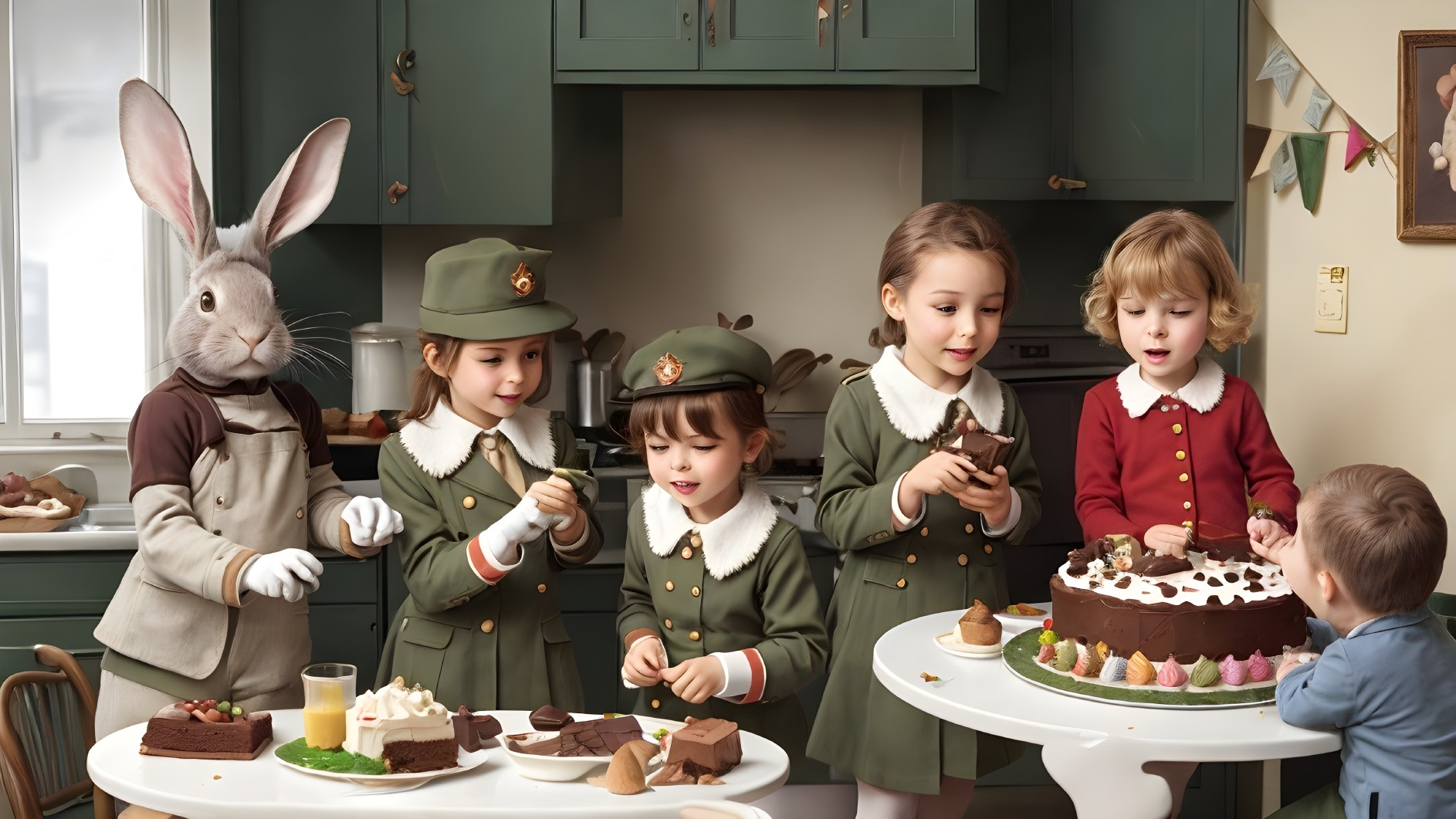 Children in vintage outfits baking sweets in a kitchen