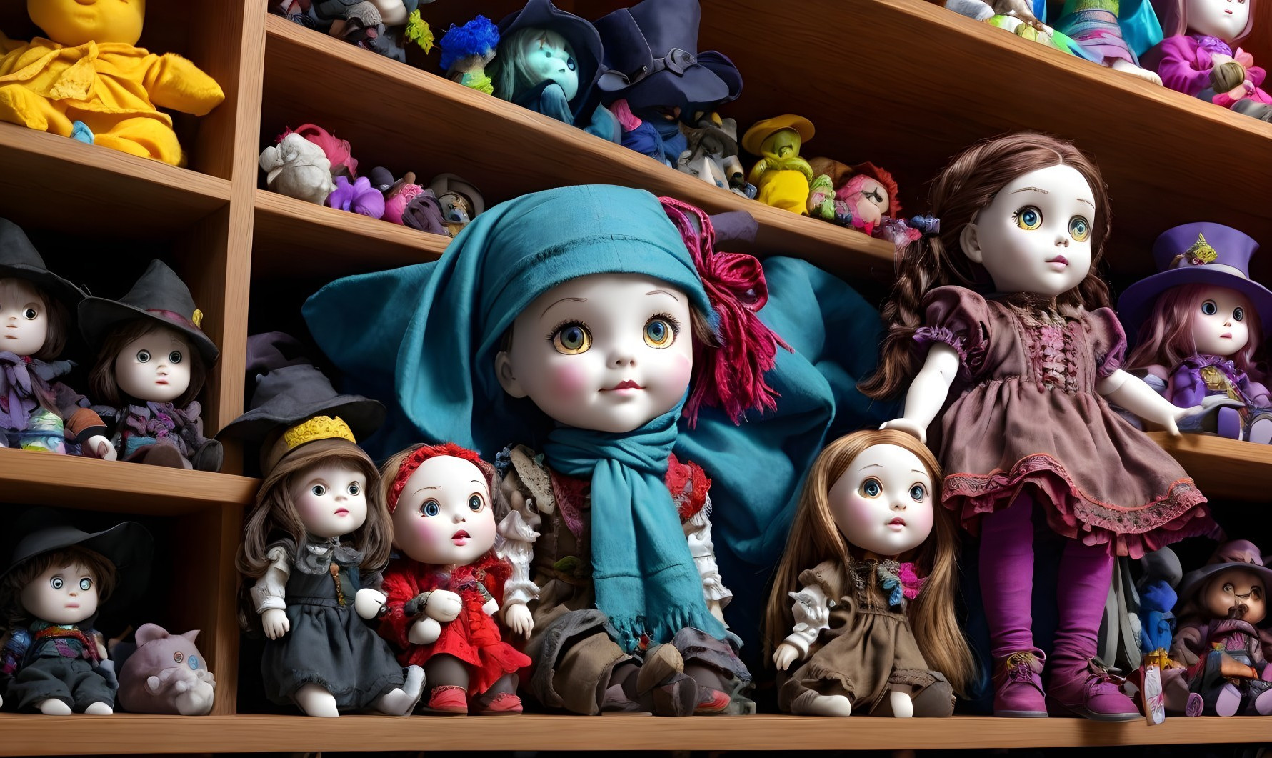 Collection of Colorful Dolls on Wooden Shelves