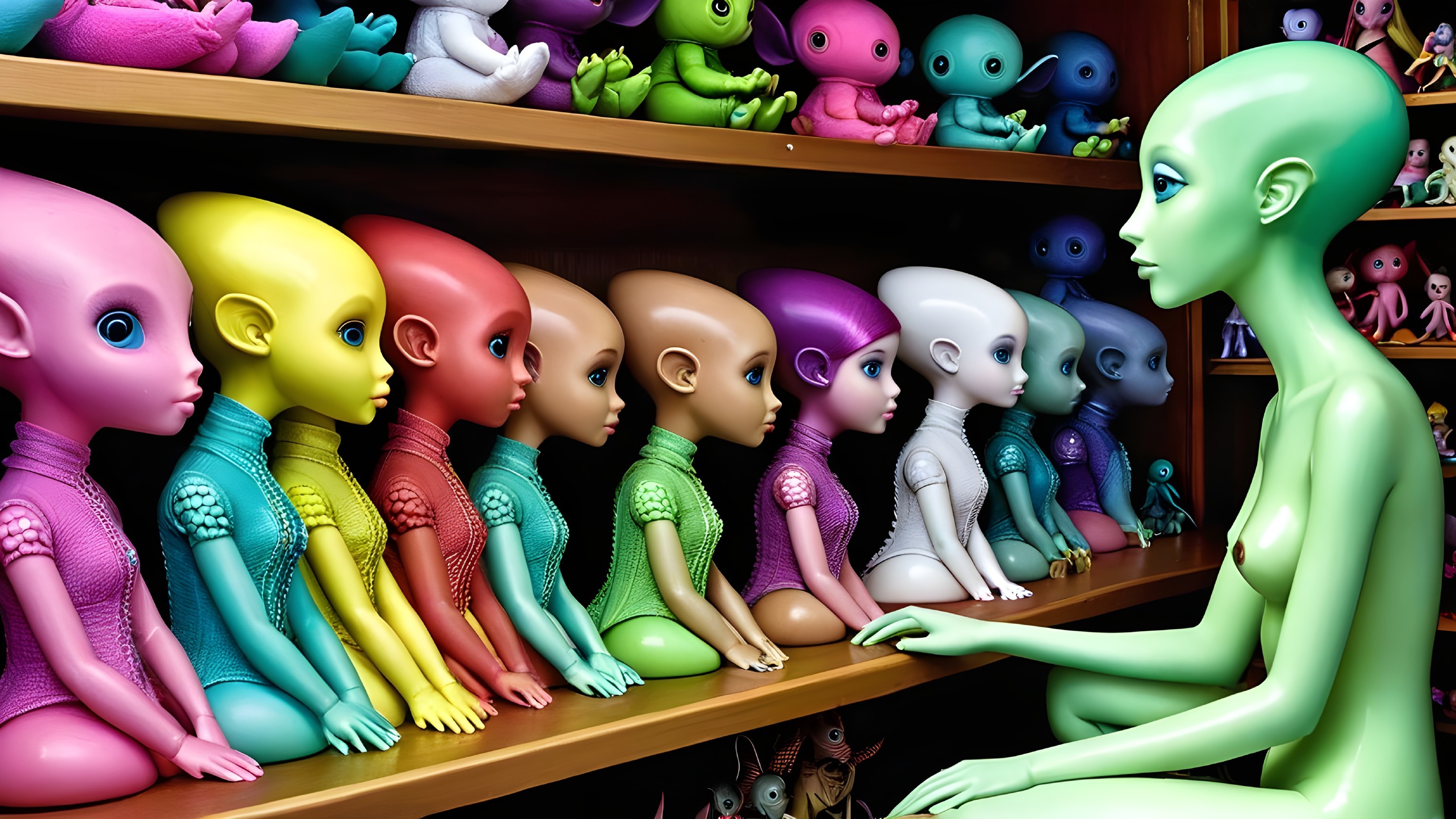 Whimsical Alien with Colorful Dolls on Shelf