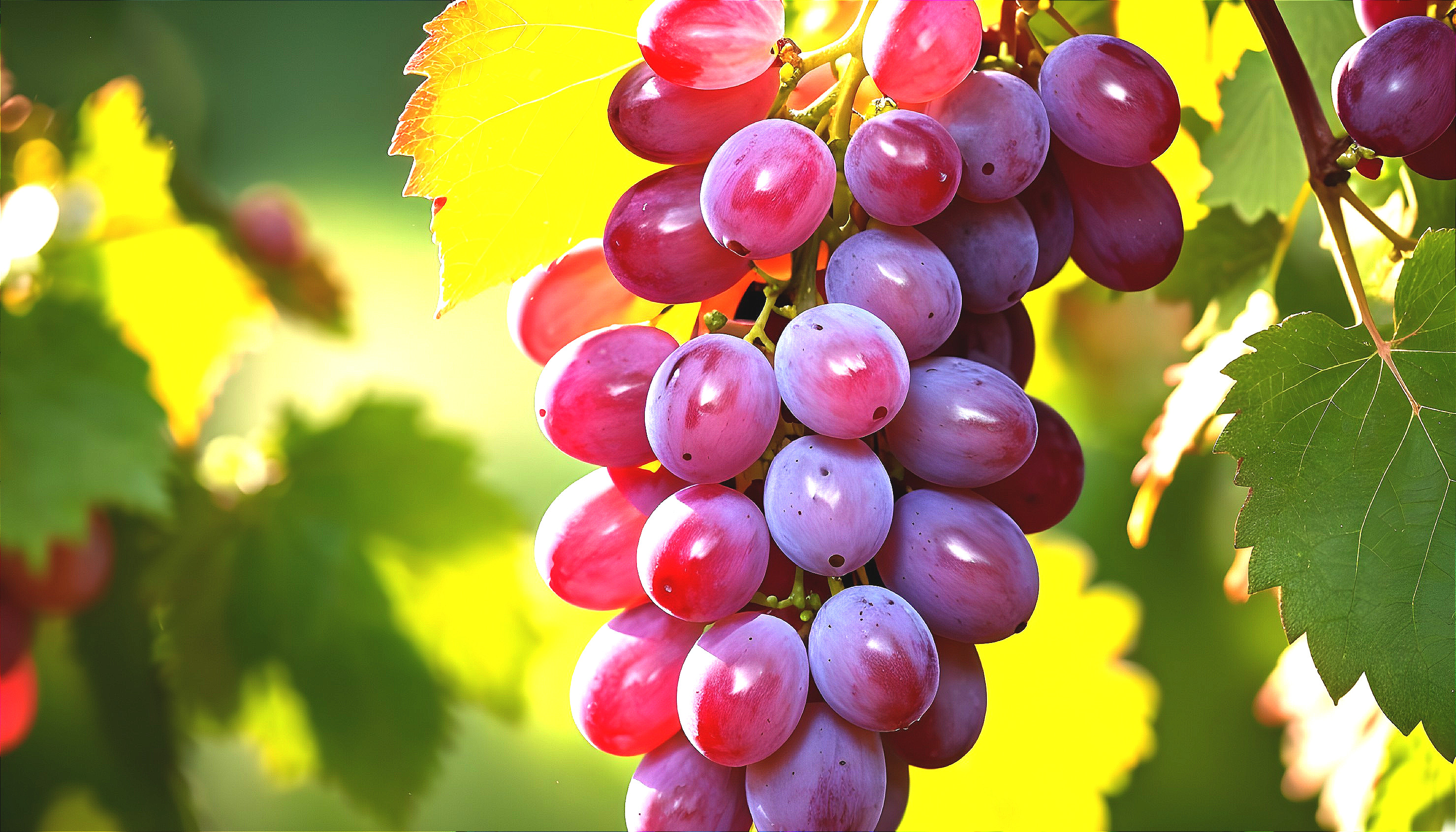 Ripe grapes on a vine in vibrant colors and greenery