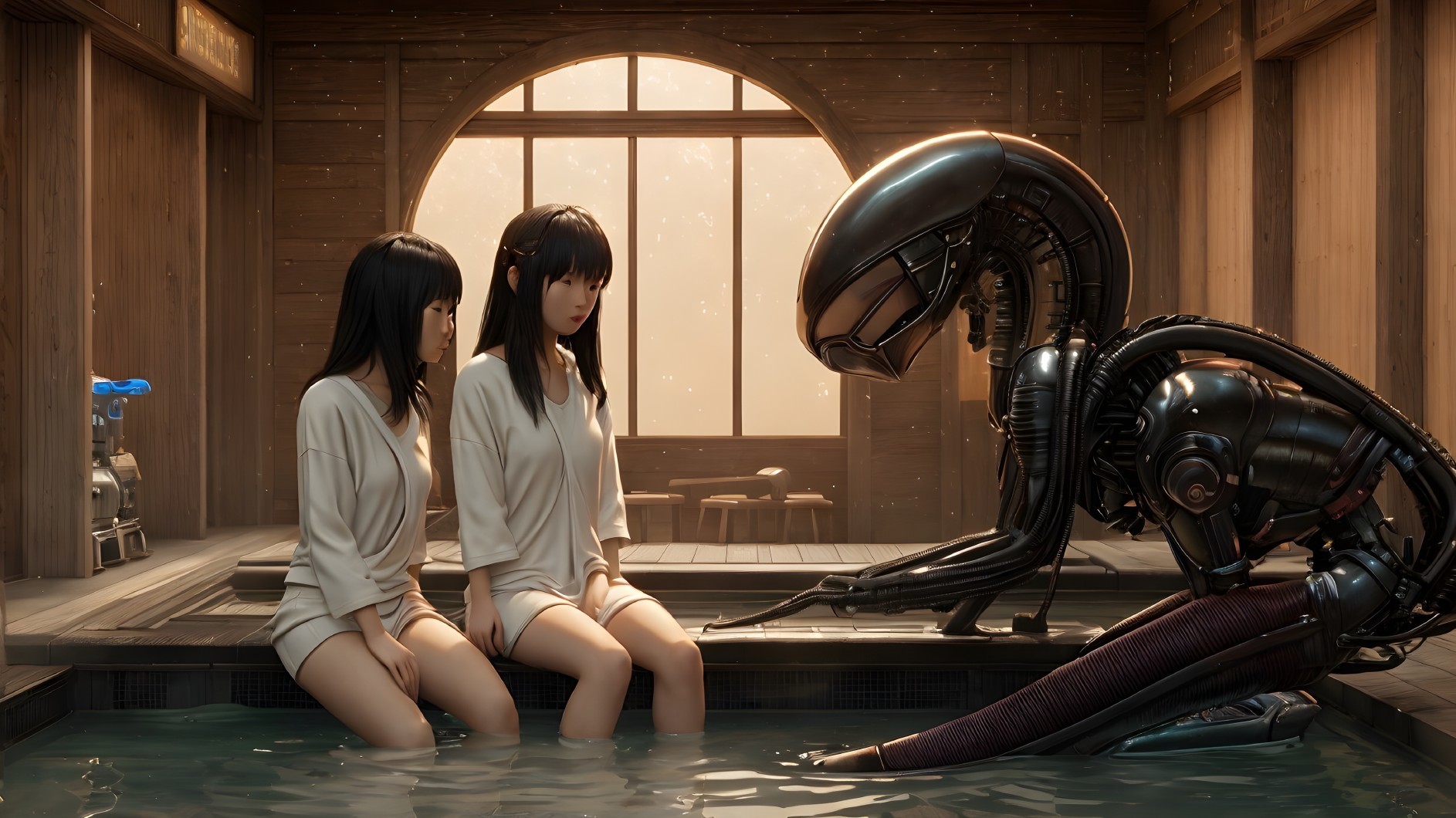 Girls in Light Attire with Robot in Wooden Room