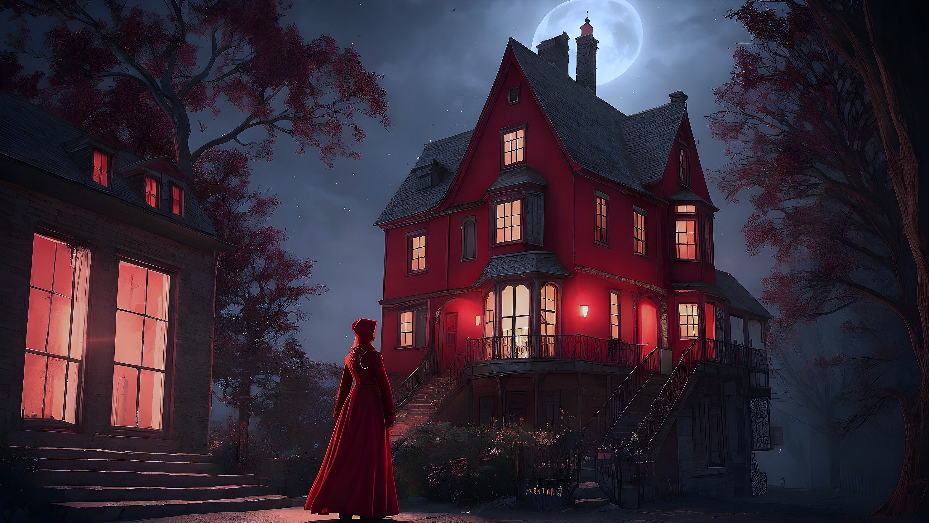 Moonlit Scene of a Red Mansion with Cloaked Figure