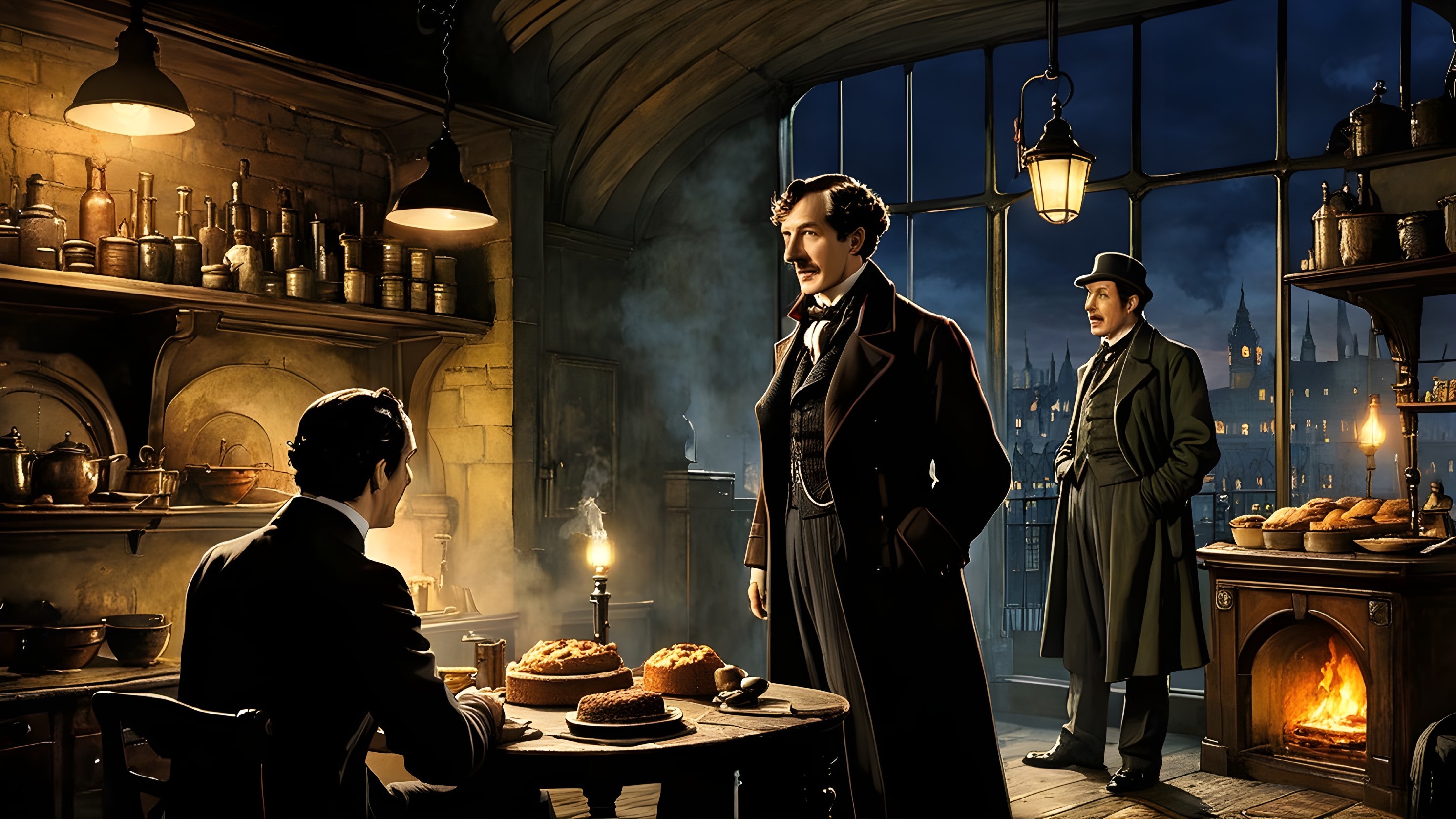 Victorian Kitchen Scene with Men and London Skyline