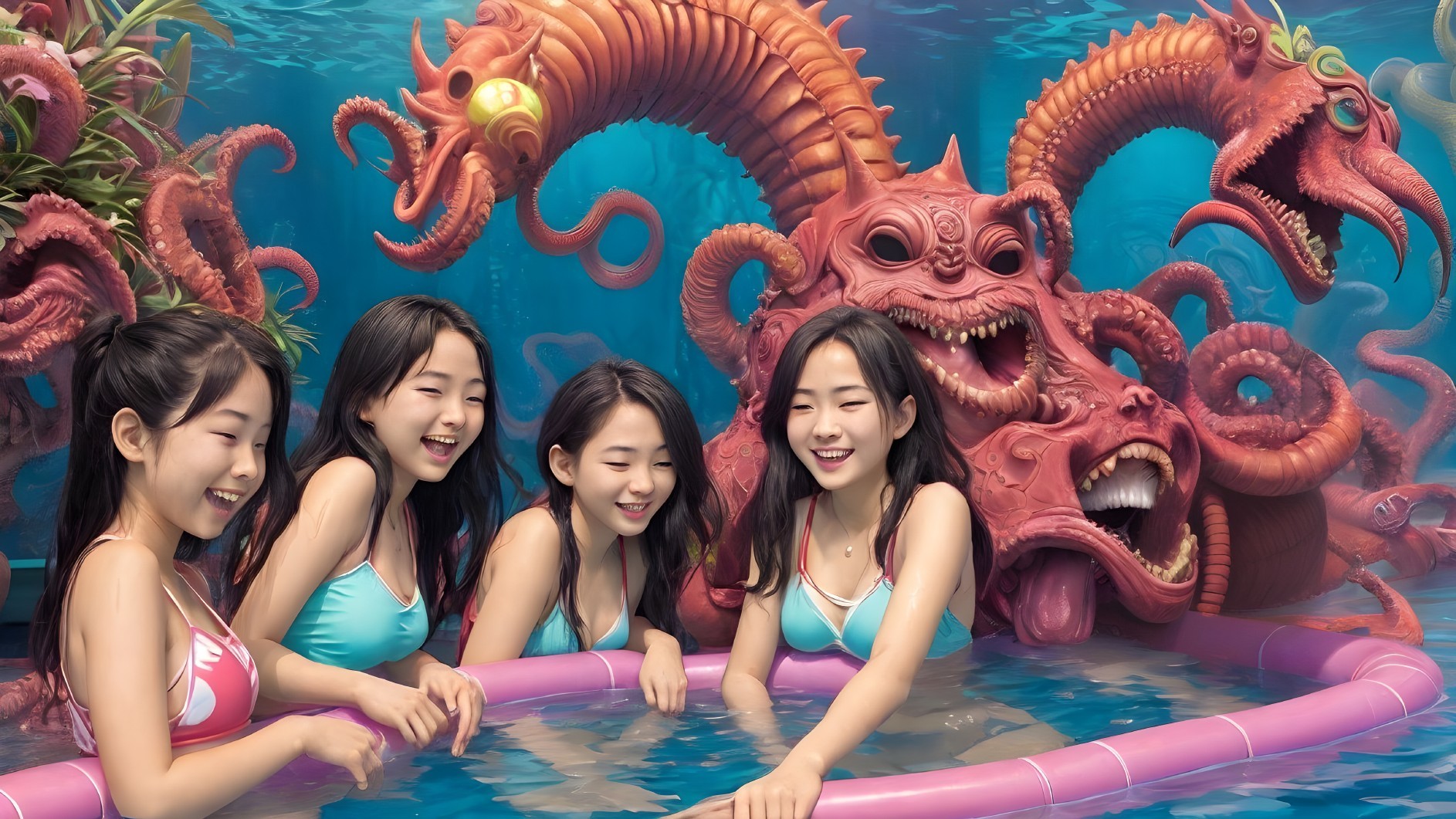 Young Women Play in Vibrant Pool with Surreal Creatures