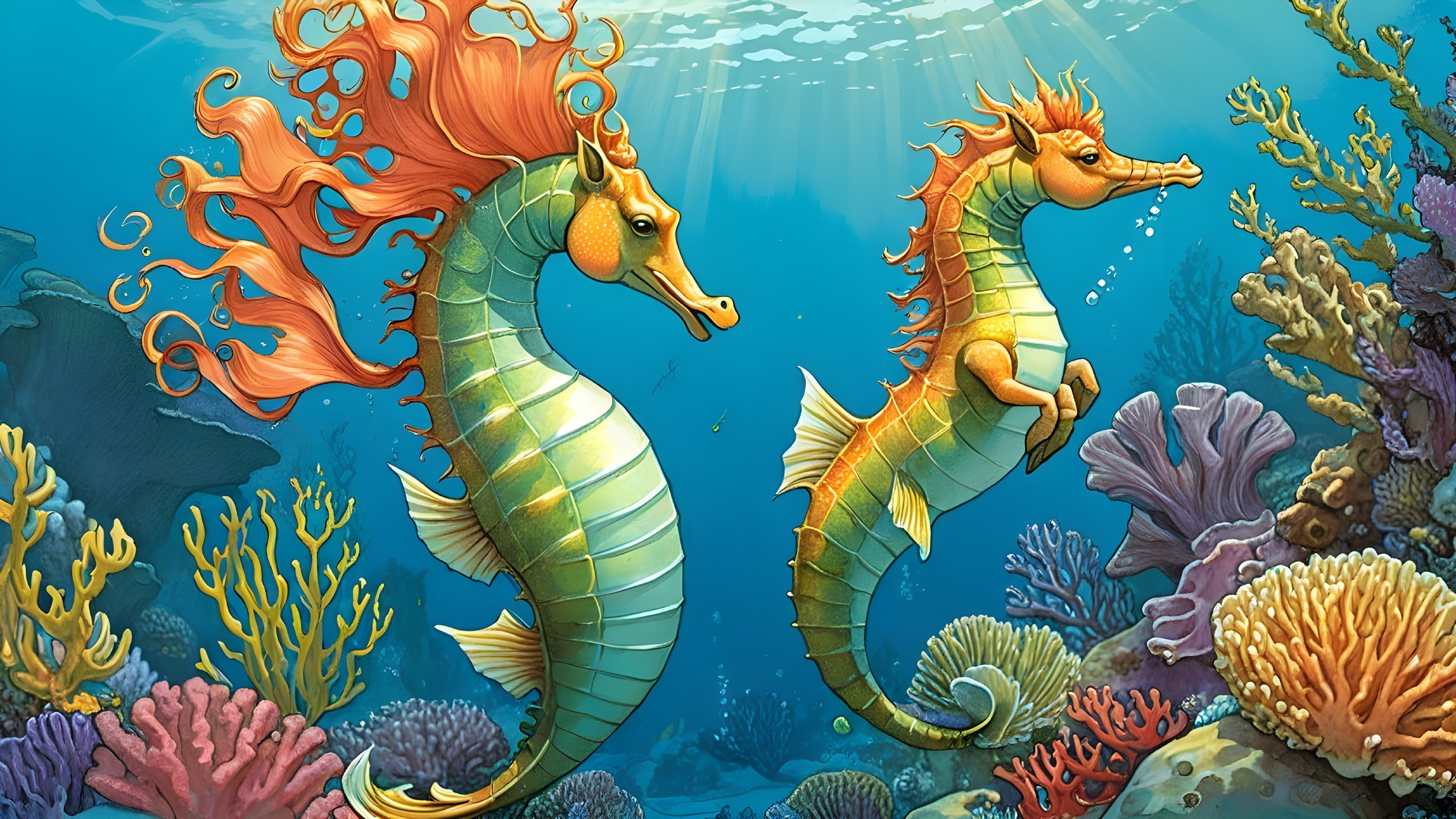Whimsical Seahorses in a Vibrant Underwater Scene