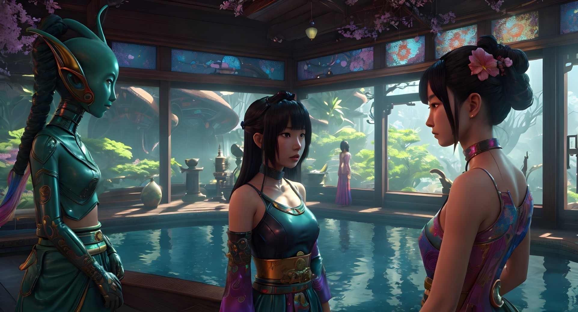 Women in Colorful Garments by Tranquil Water Feature