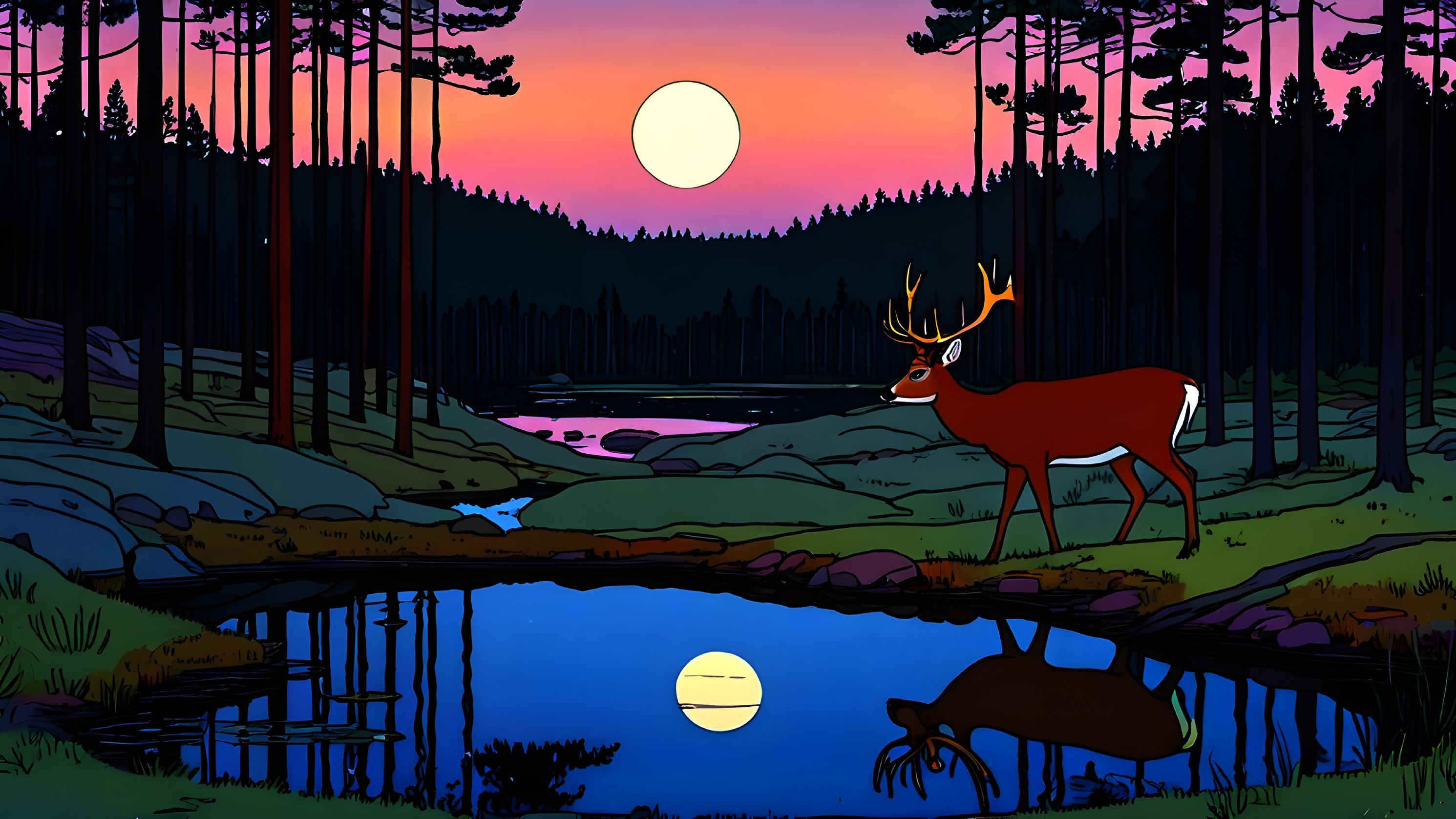 Serene Dusk Landscape with Deer and Tranquil Pond