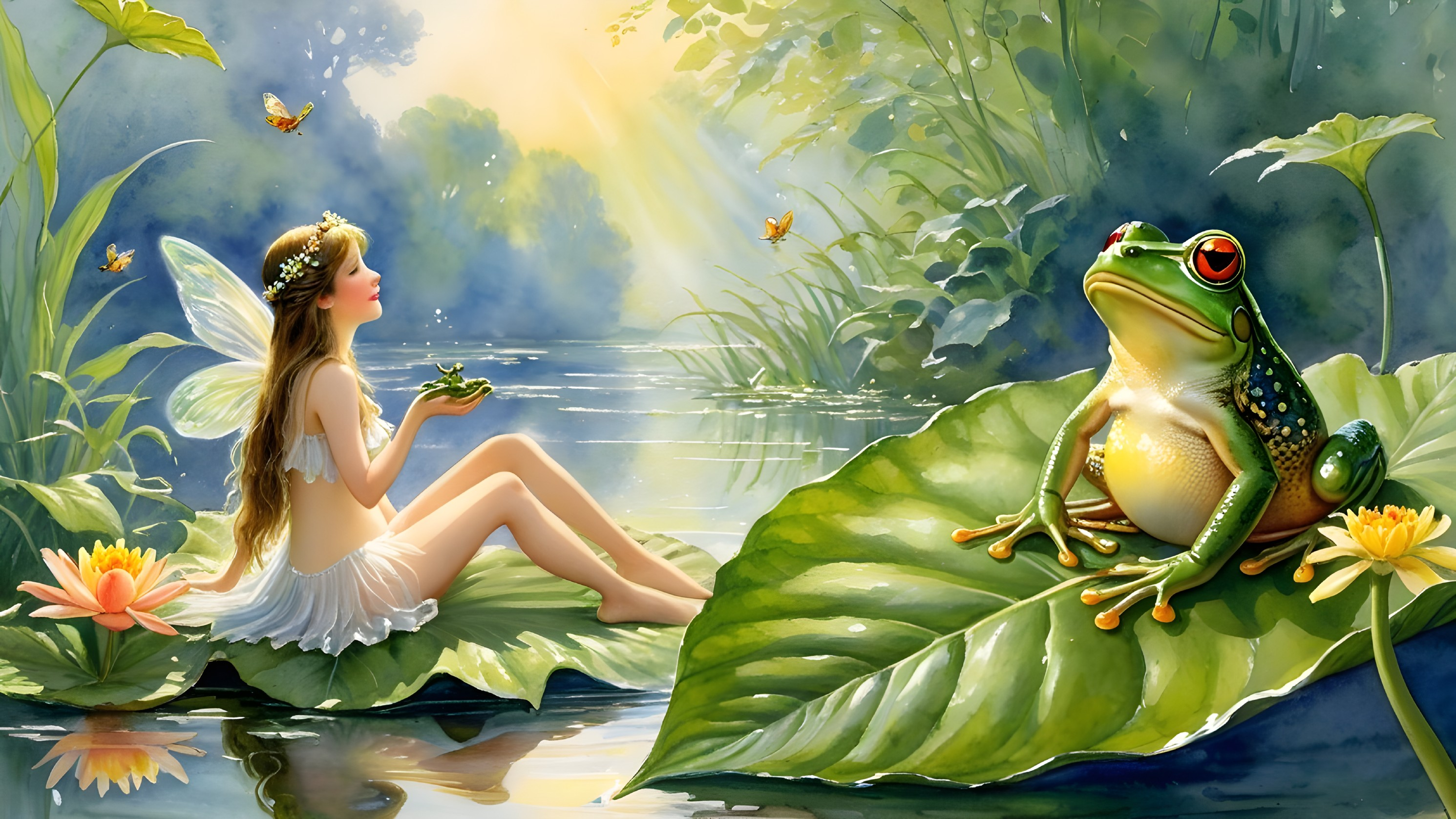 Fairy on Lily Pad in Enchanted Forest Scene