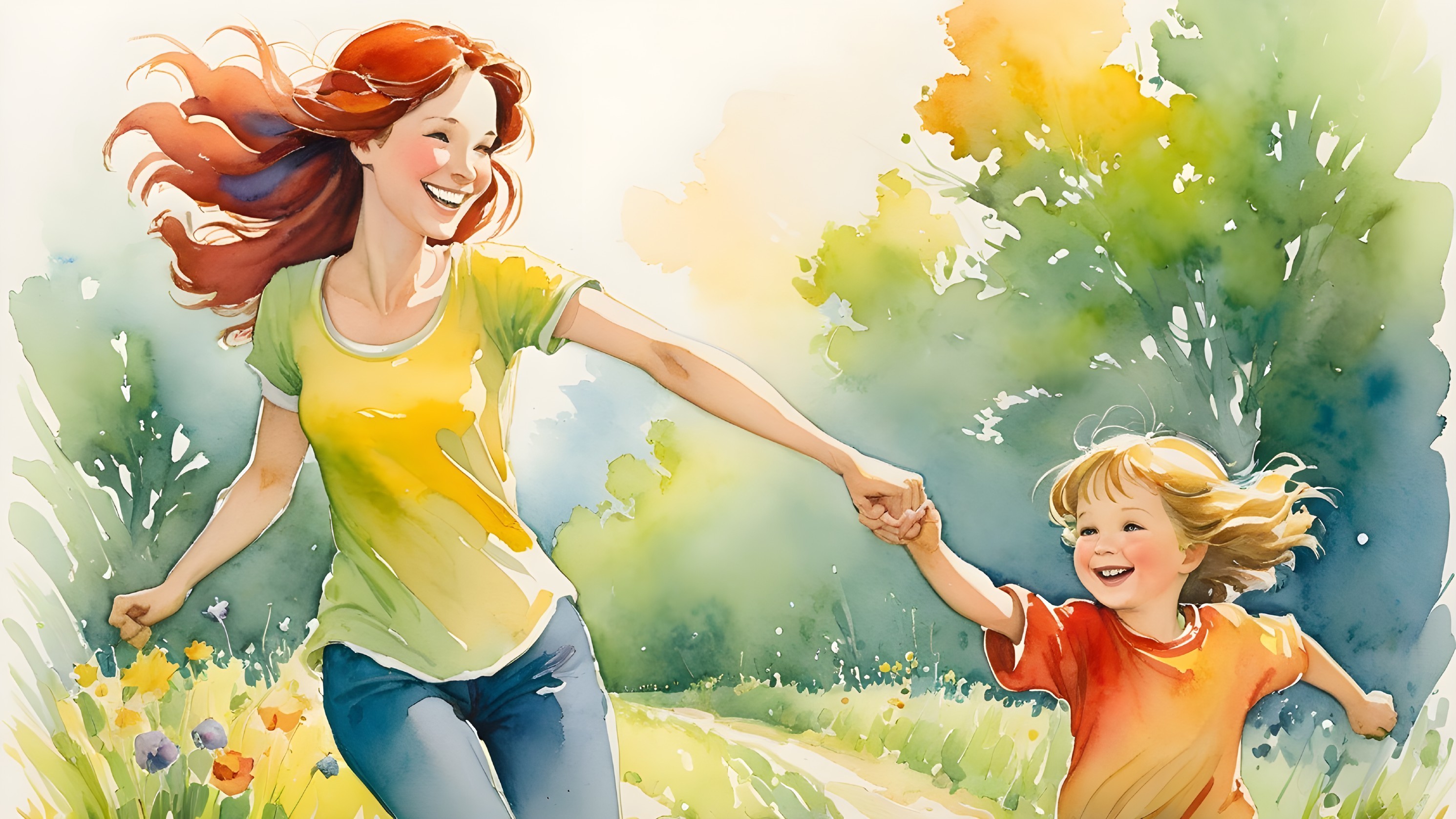Mother and child running in a vibrant flower field
