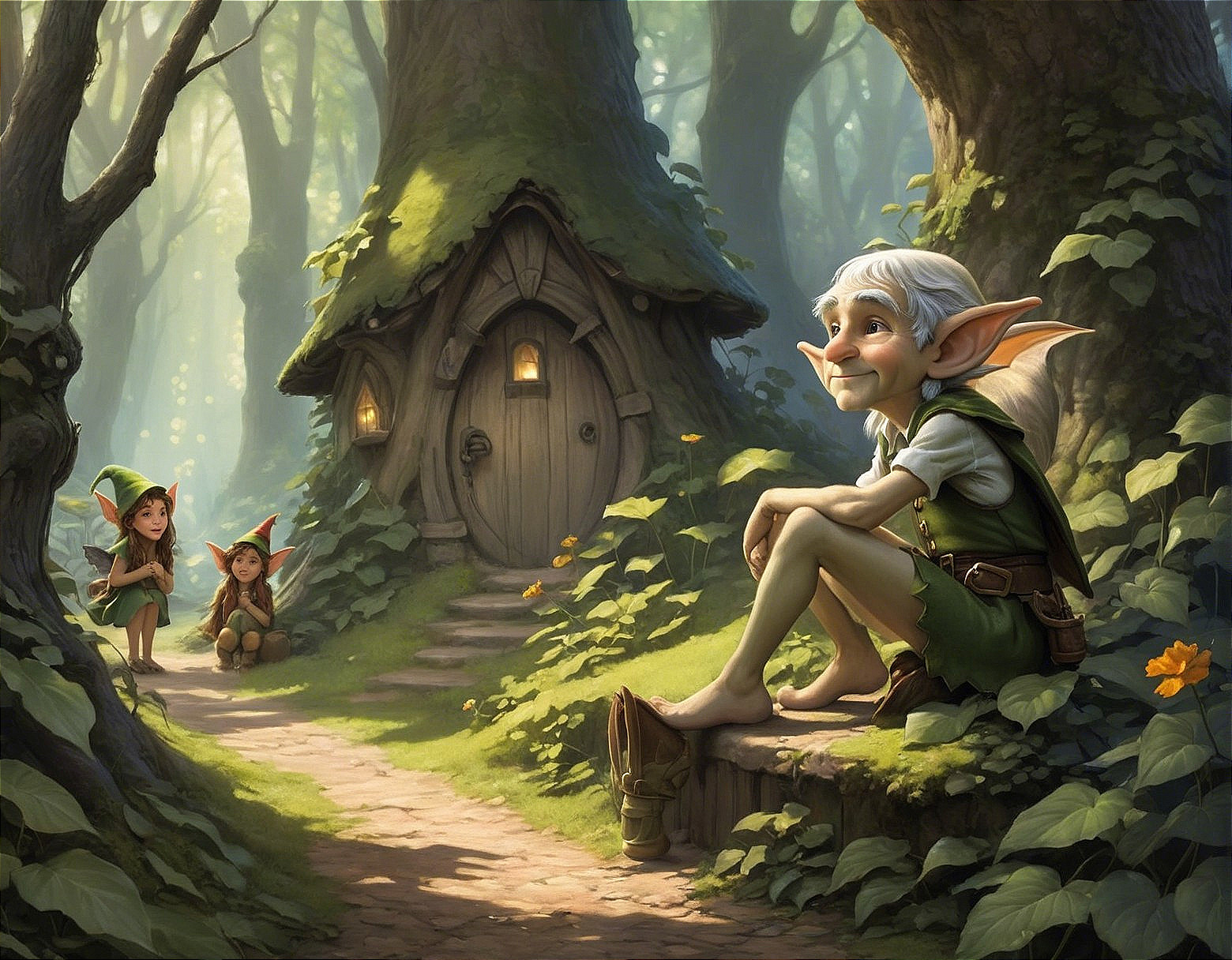 Elderly Elf and Young Elves in Whimsical Forest Scene