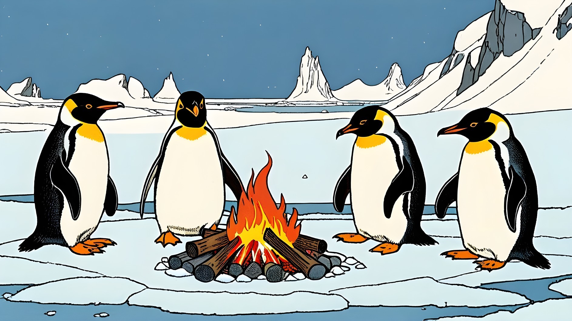 Cartoon Penguins by Campfire in Arctic Landscape