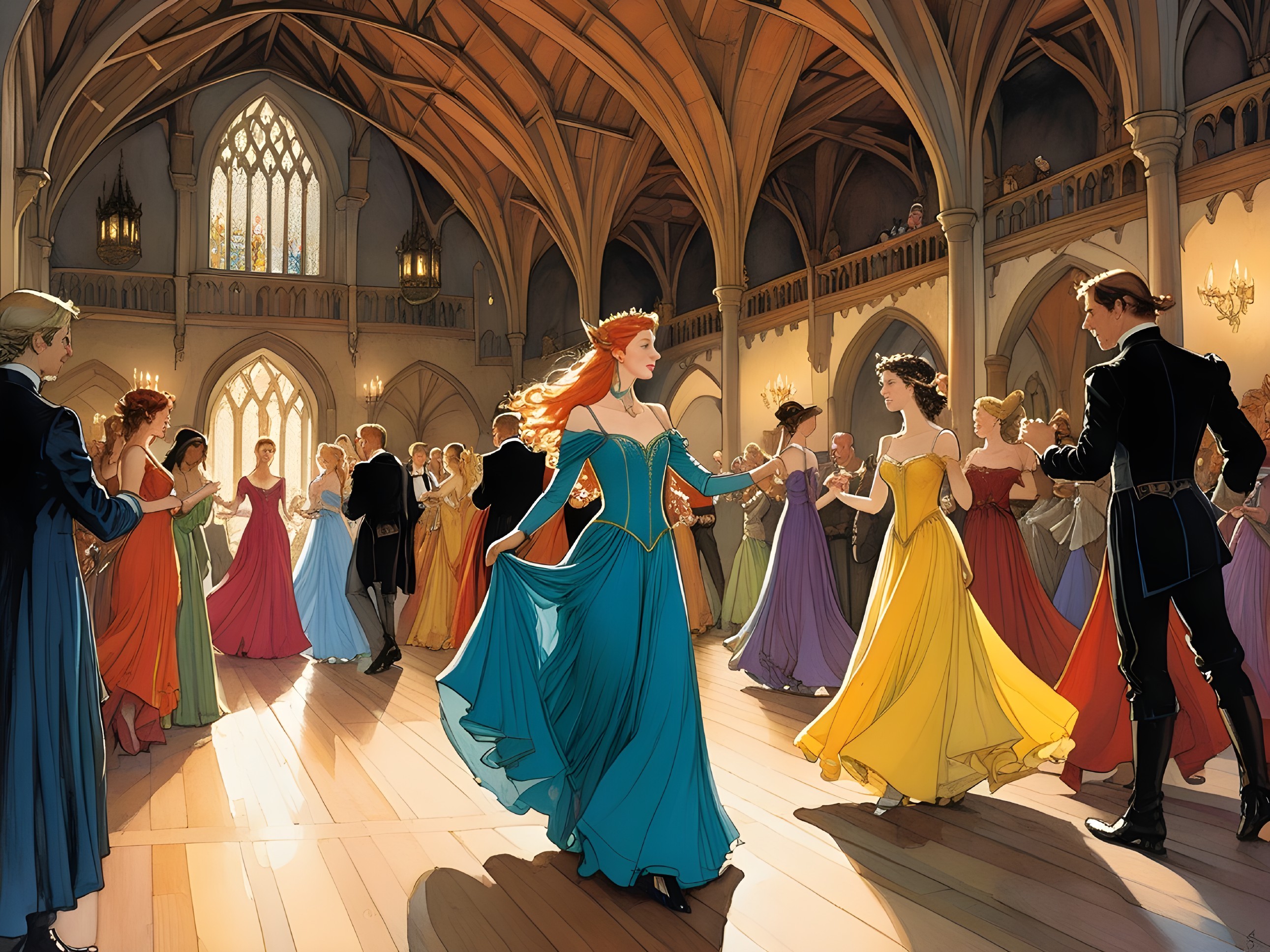 Elegant Ballroom Dance with Medieval Architecture
