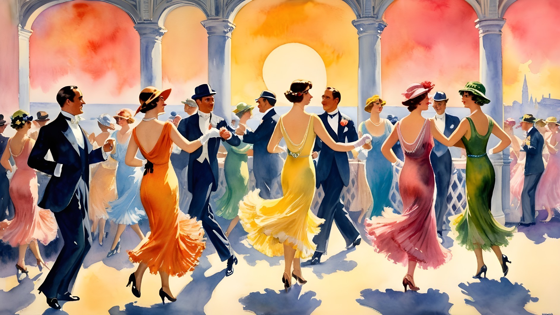 1920s Ballroom Scene with Elegant Couples Dancing
