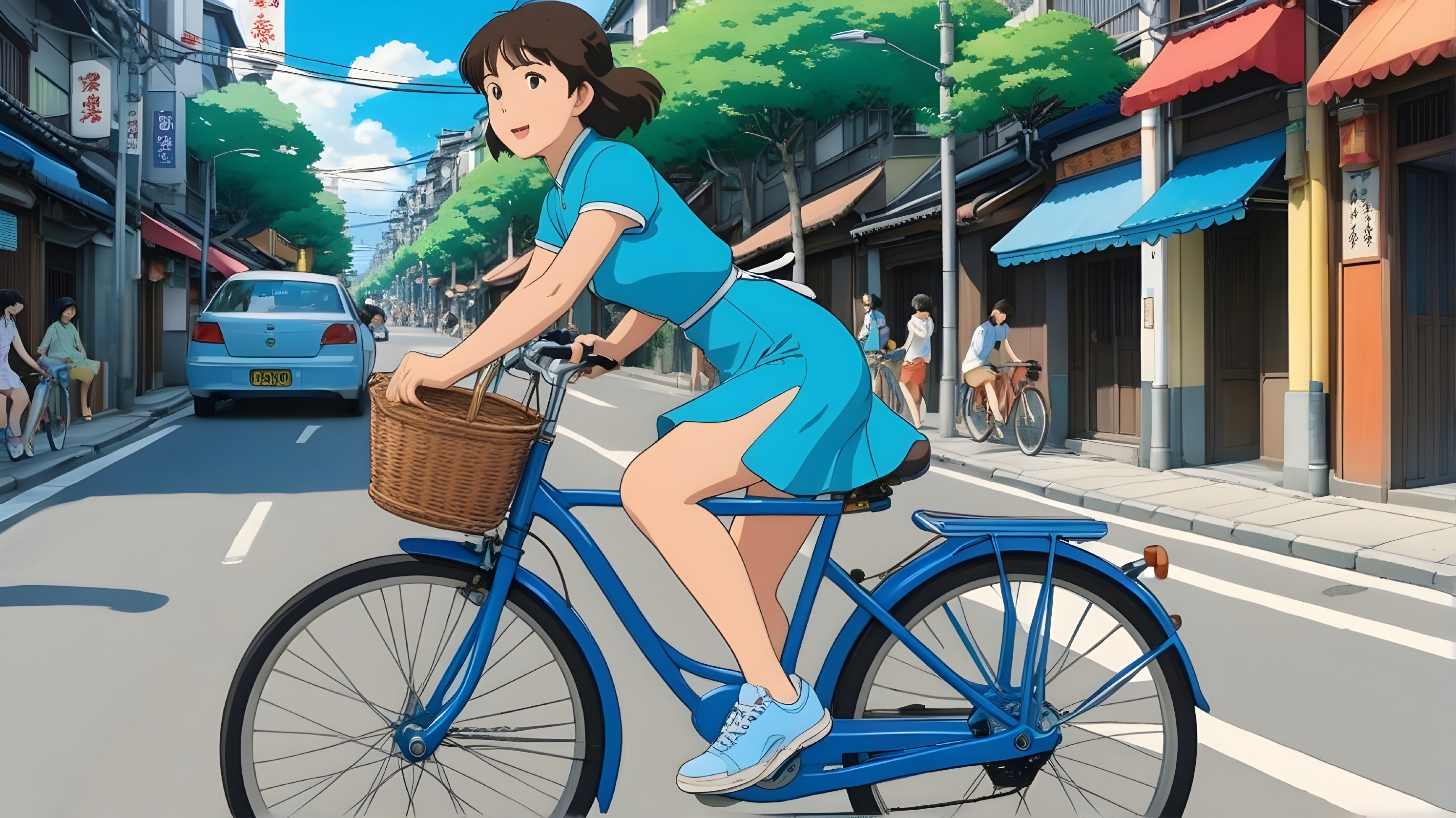 Young woman on blue bicycle in vibrant street scene