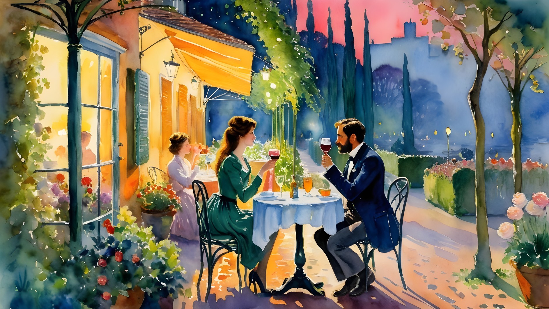 Charming Outdoor Café Scene at Dusk with Couples