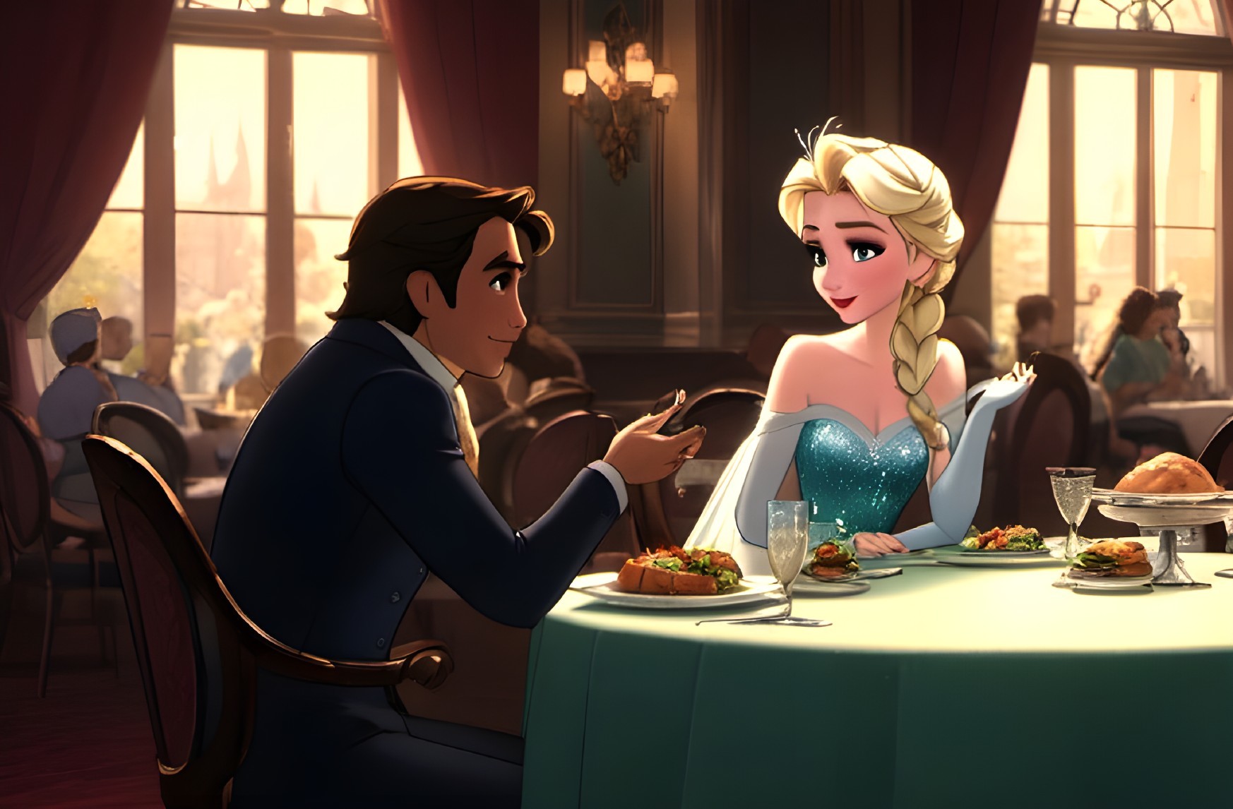 Cartoon of a Couple Dining in a Fancy Restaurant